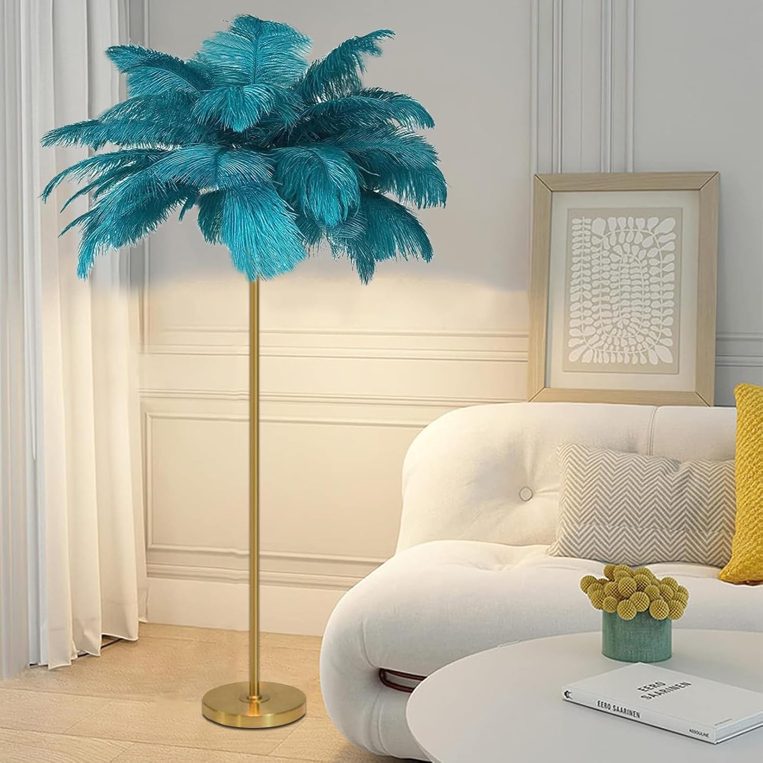 Atwnjkp Feather Lamp,Ostrich Feather Floor Lamp,Gold Finish,Modern Feather Standing Light with Foot Switch and Blue Lampshade,Ostrich Feather Lamps for Living Room Bedroom Decoration