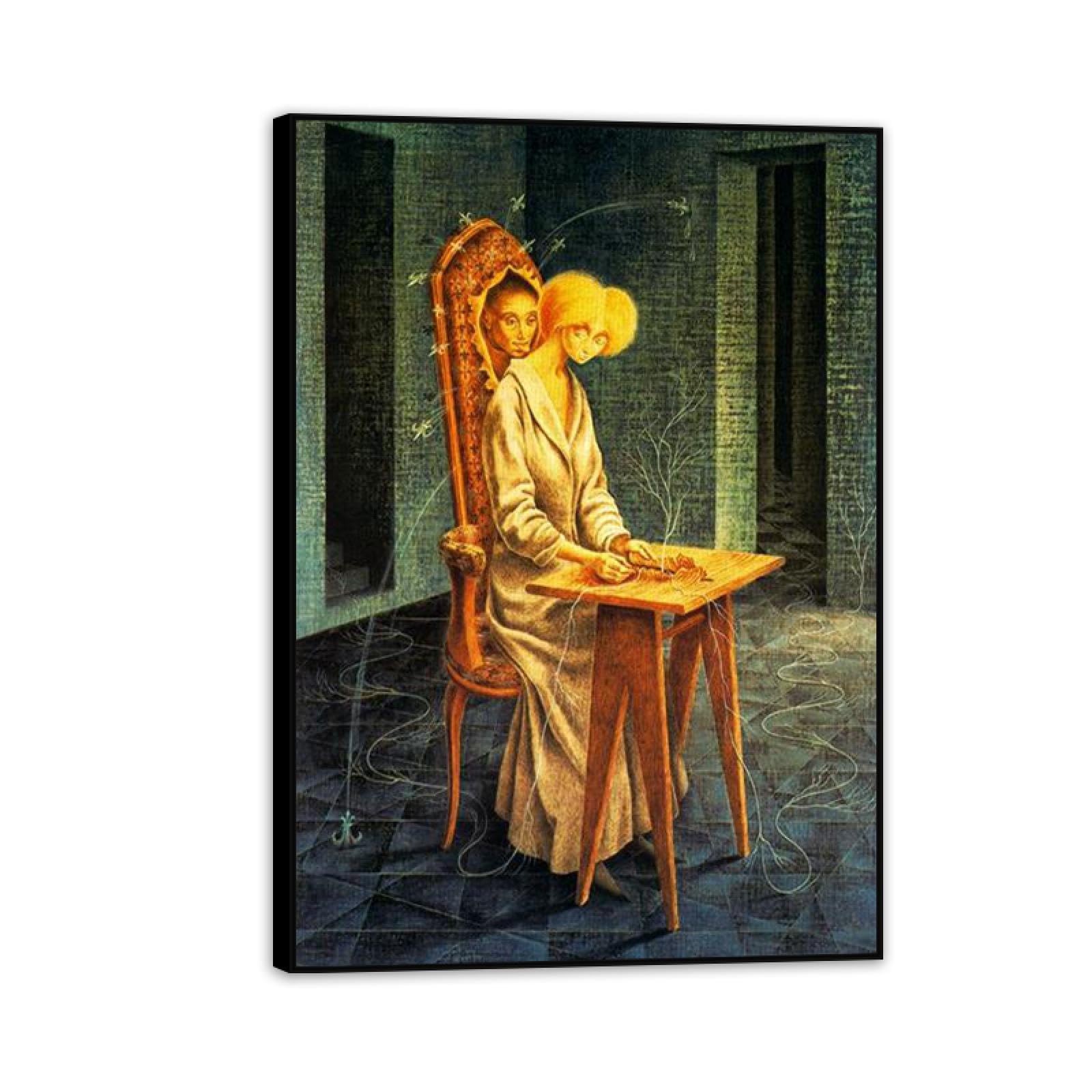 MYCGGDGH Remedios Varo Canvas Wall Art Reproductions of Famous Paintings Disturbing presence Surrealist Canvas Painting Wall Decor for Living Room Bedroom Home Decor 100x70cm(39x28in) Black Framed