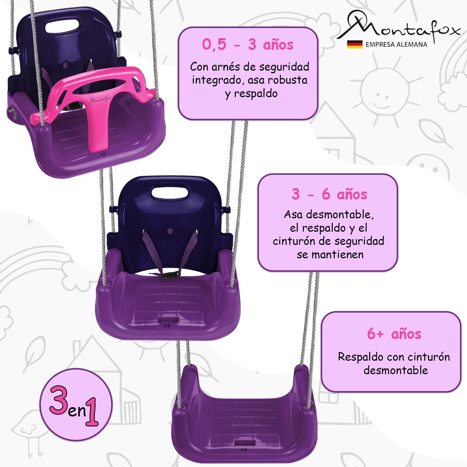 Montafox Columpio para niños bebés 3 en 1 Ajustable en Crecimiento con Respaldo arnés con Correa, Color:Lila