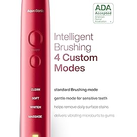 Aquasonic Vibe Series Ultra-Whitening Toothbrush - ADA Accepted Electric Toothbrush - 8 Brush Heads & Travel Case - 40,000 VPM Motor & Wireless Charging - 4 Modes w Smart Timer - Ruby