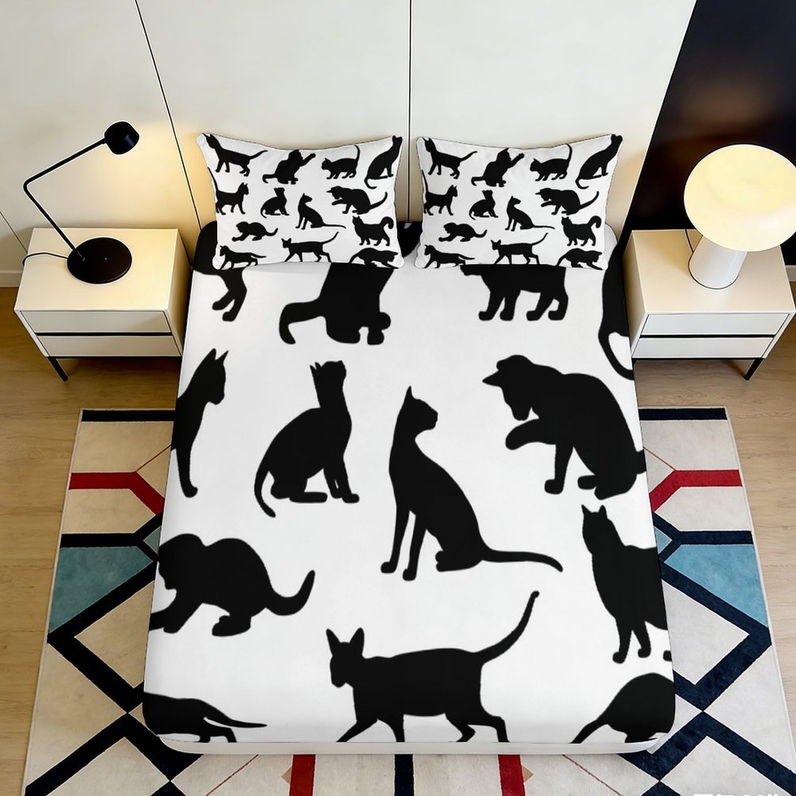 Uxinyoume Style-9 3D Printed Black Cat Silhouette Fitted Sheet Microfiber Soft Non-Slip Bed Sheet For Bedroom Guestroom Decor 90X200x25cm