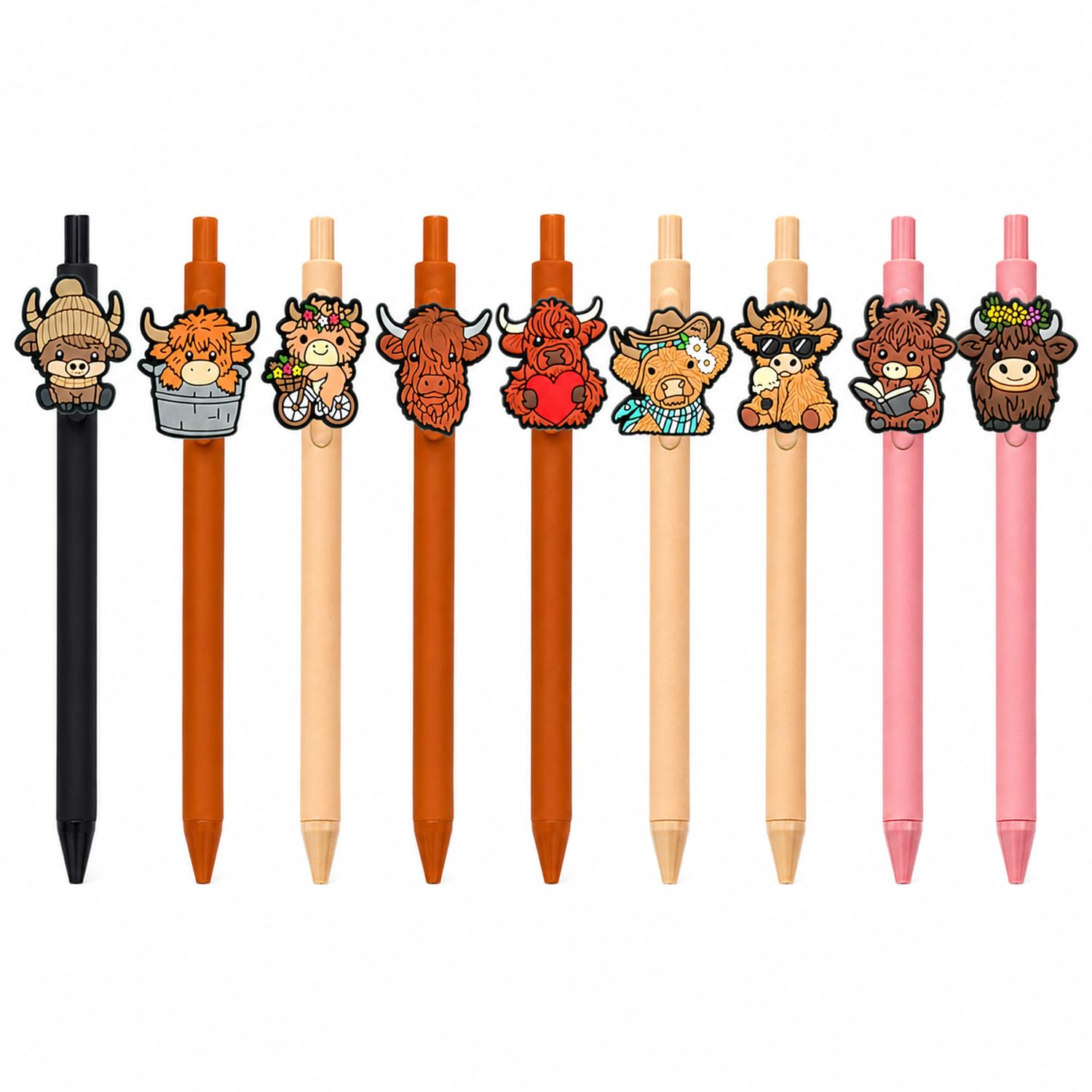 Nevicor 9 Pcs Highland Cow Ballpoint Pens, Cute Highland Cow Stationery Set, Black Ink Retractable Ballpoint Pen for School Home Office Desk, Highland Cow Gift for Back to School Birthday