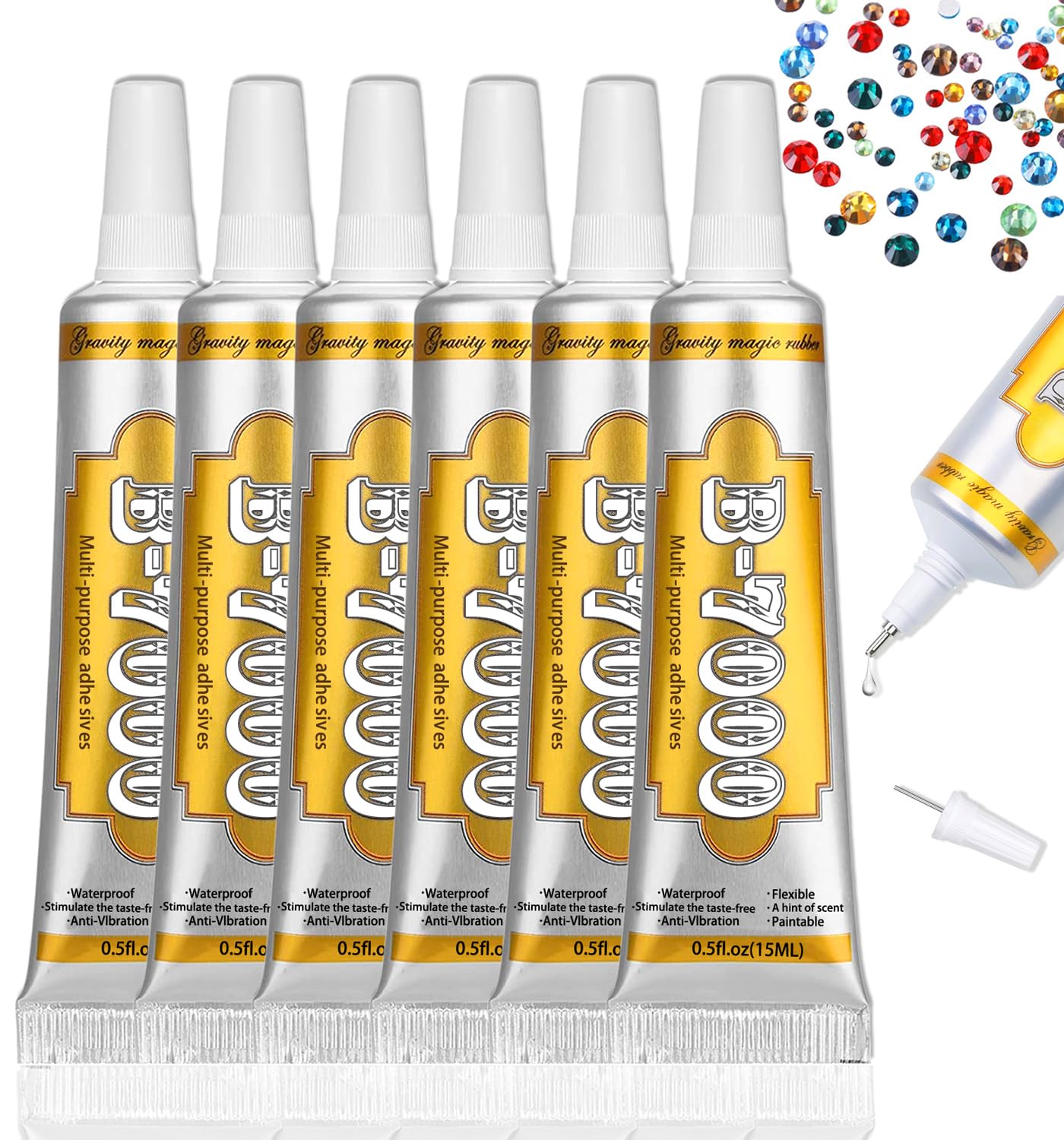B7000 Glue Clear Adhesive - 15ml/0.5oz (6 Pack) - Jewelry Bead B-7000 Glue with Precise Tips for Rhinestones Fabric, Glass, Jewelry Making, DIY Art Crafts, Leather, Toys