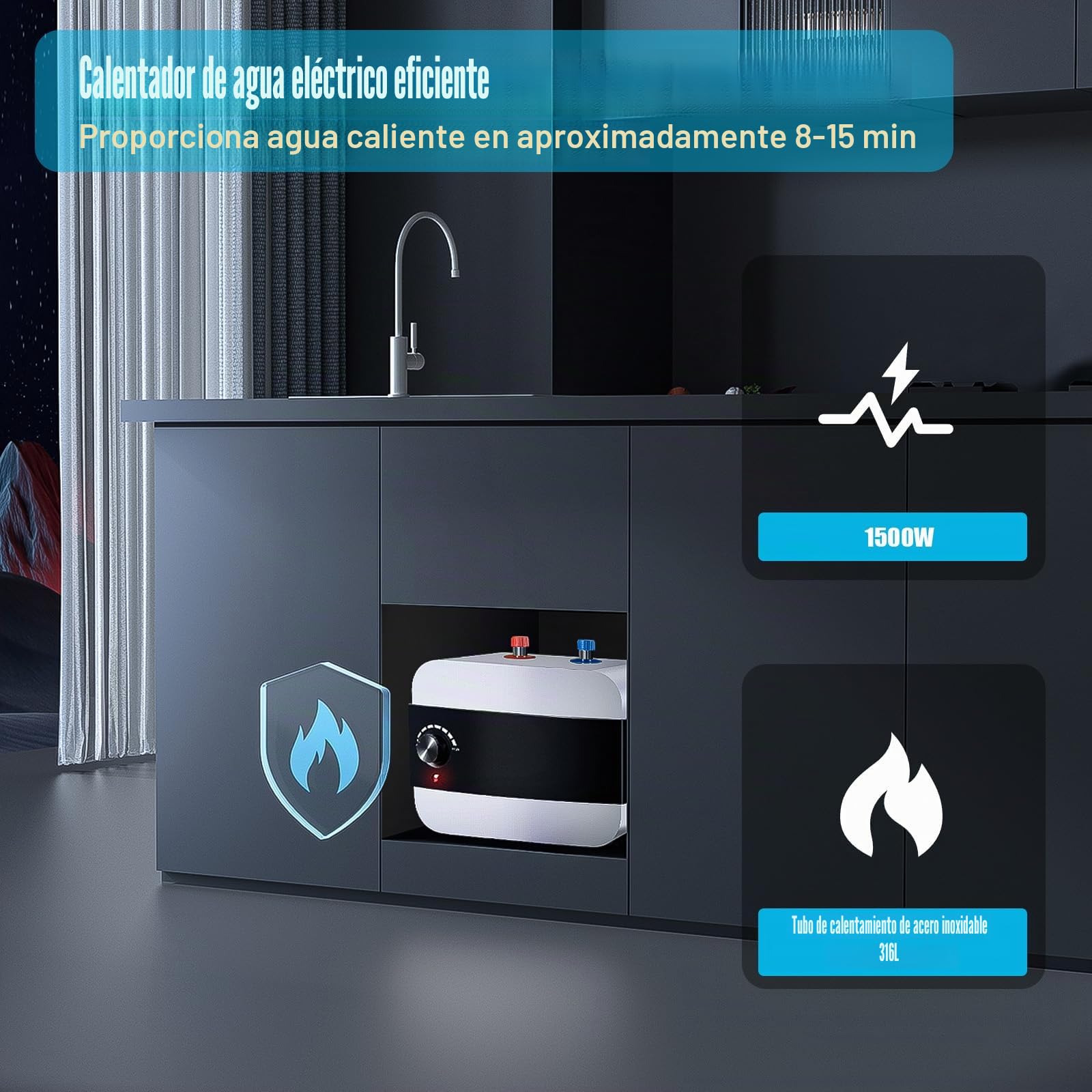 Termo Electrico, 1,5 Kw Calentador de Agua Electrico Instantaneo, Tiempo de calentamiento 8-15 minutos, Rango de ajuste de temperatura 30-65℃, Capacidad 6L, Adecuado para cocinas, baños, etc
