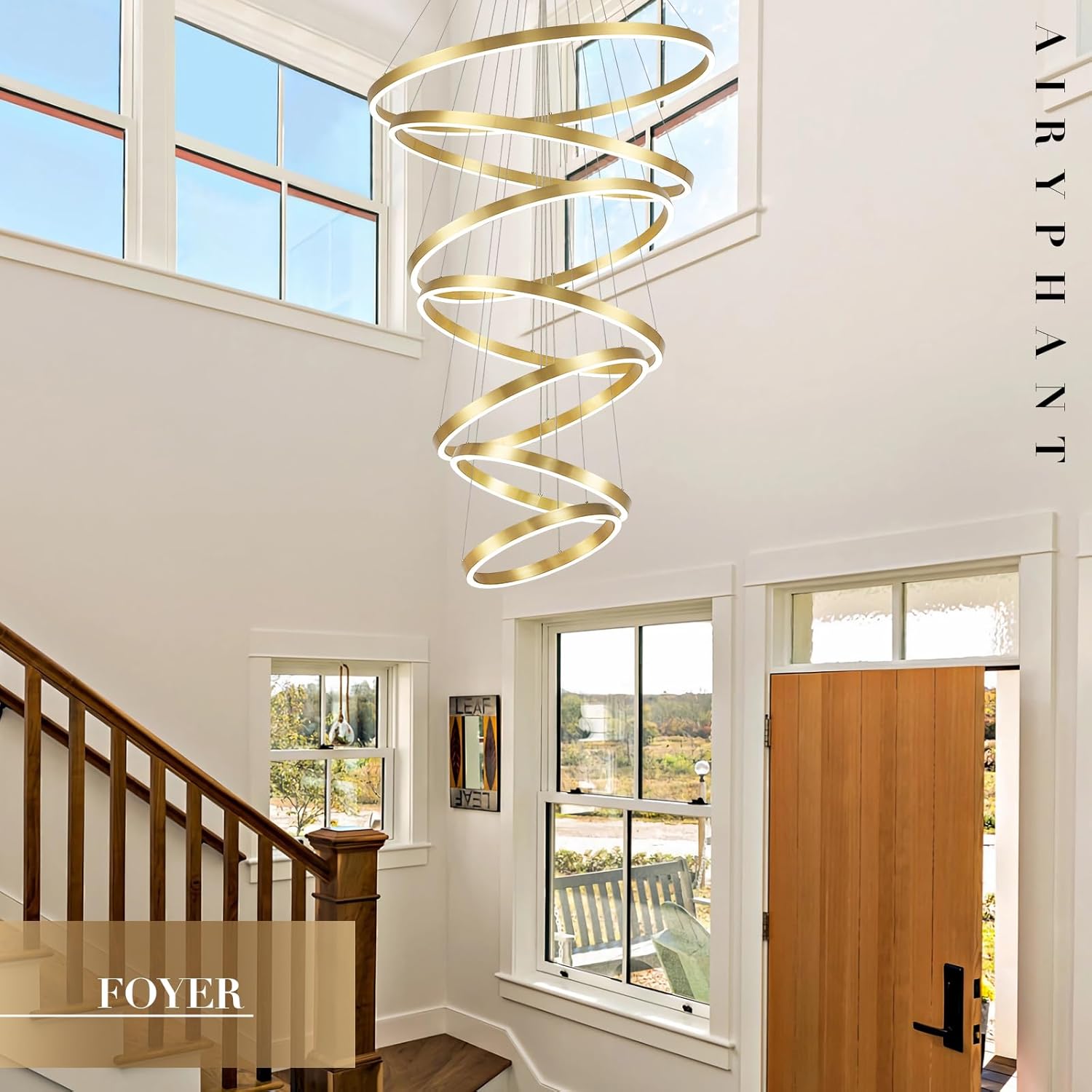 High Ceiling Brushed Gold Ring Chandeliers 7-Ring LED Chandelier Dimmable Modern LED Chandeliers 31" Large Foyer Chandelier Entryway Living Room Staircase, 3000K-6500K