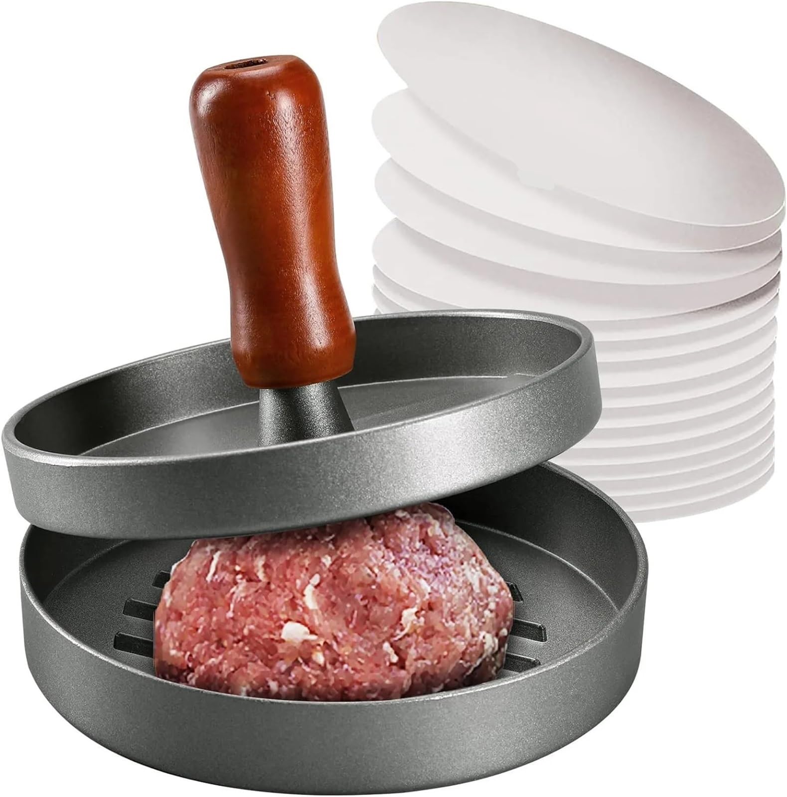 QZGTDMYG Burgerpresse, Patty Maker, Edelstahl, Hamburger-Patty-Pressform, Holzgriff, antihaftbeschichtet, mit 100 Patty-Papieren