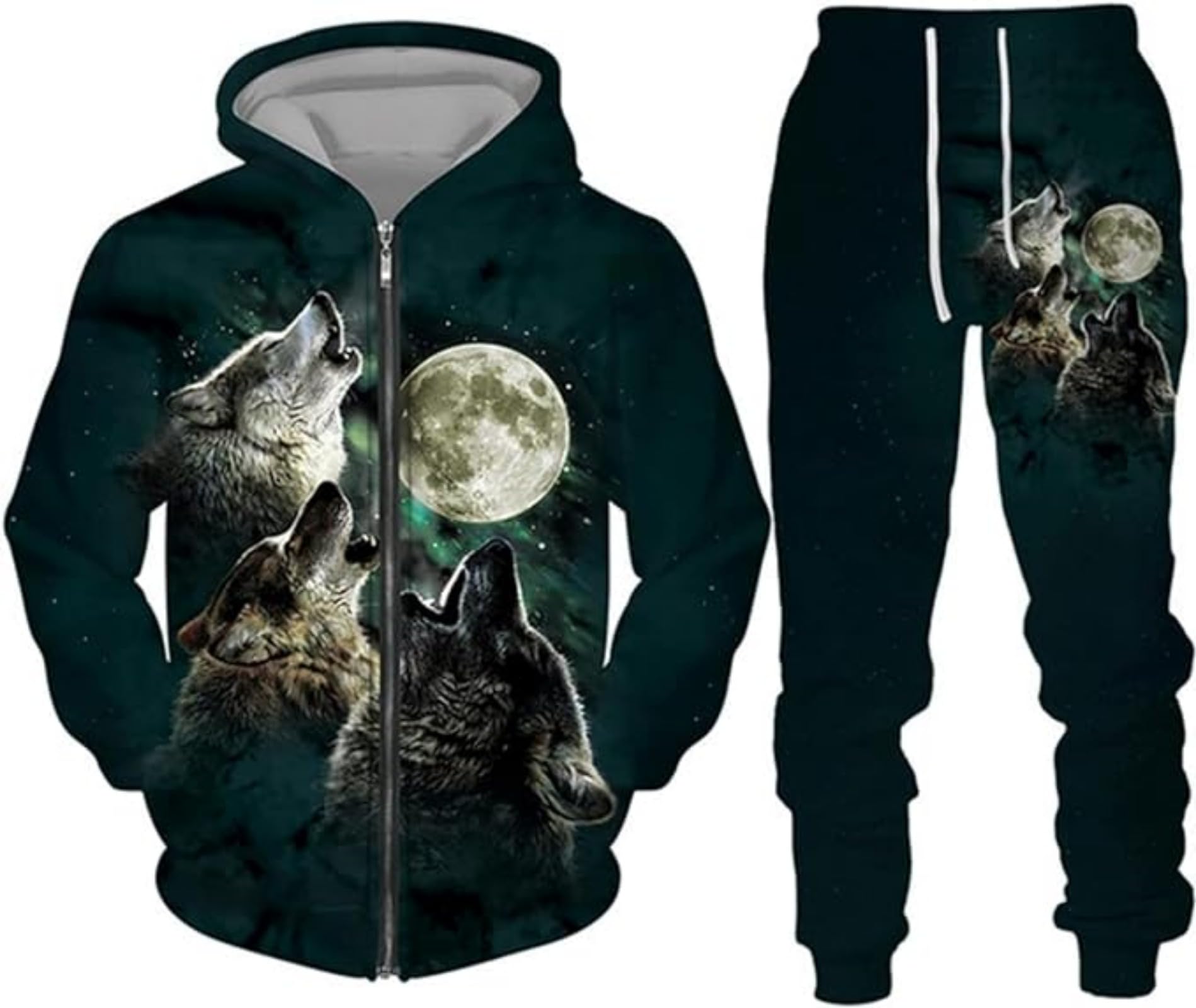 hiegi Wolf Jogging Suit Sports Suit Men's Hoodie Set 3D Wolf Hoodie + Jogging Pants Men's Sweatshirt Trousers, M