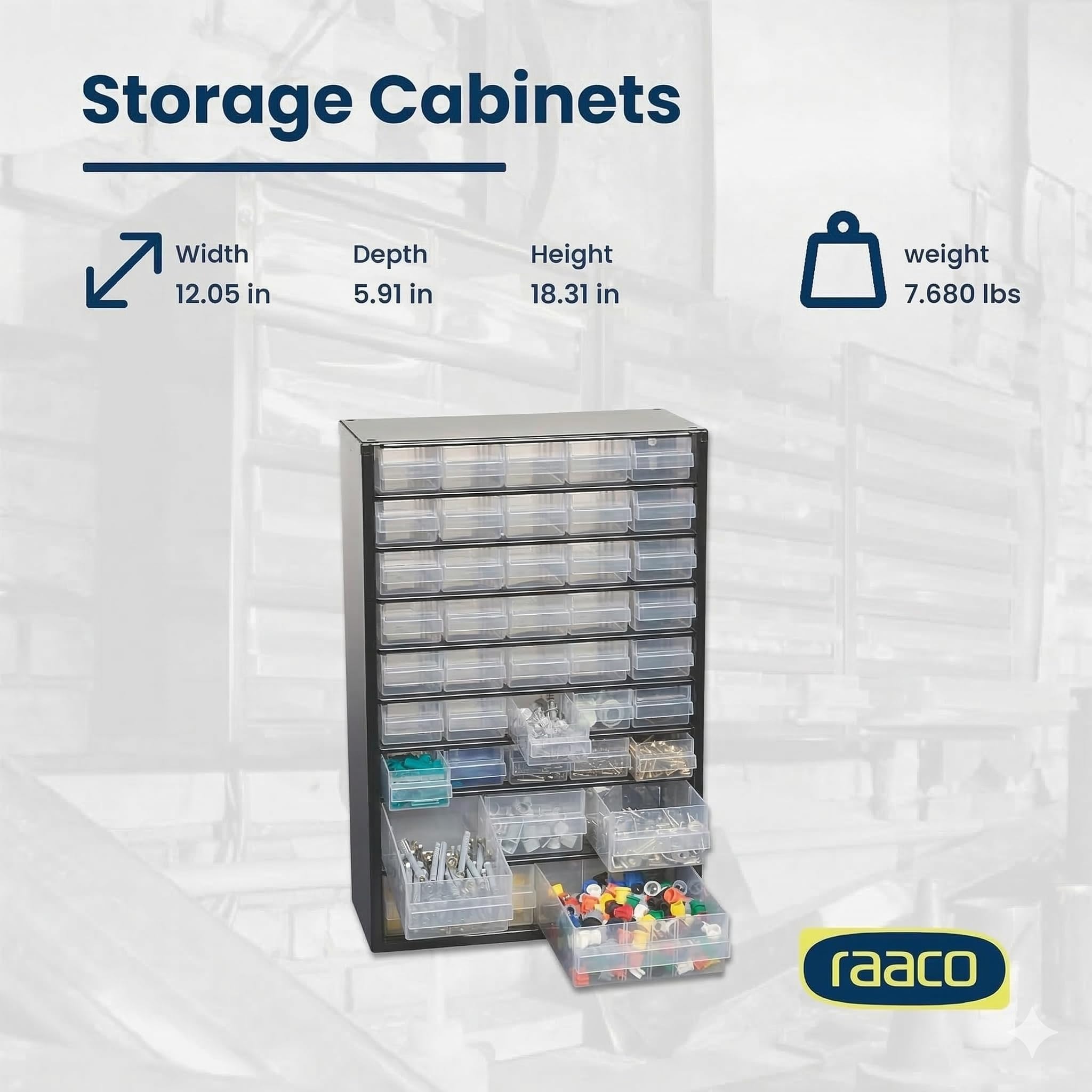 Raaco Steel Storage Cabinet Tall 40-Drawer C10-40 | Clear Polypropylene Plastic Drawer Small Parts Organizer Screws Nuts & Bolts Crafts & Hardware - For workshop and garage product thumbnail 7