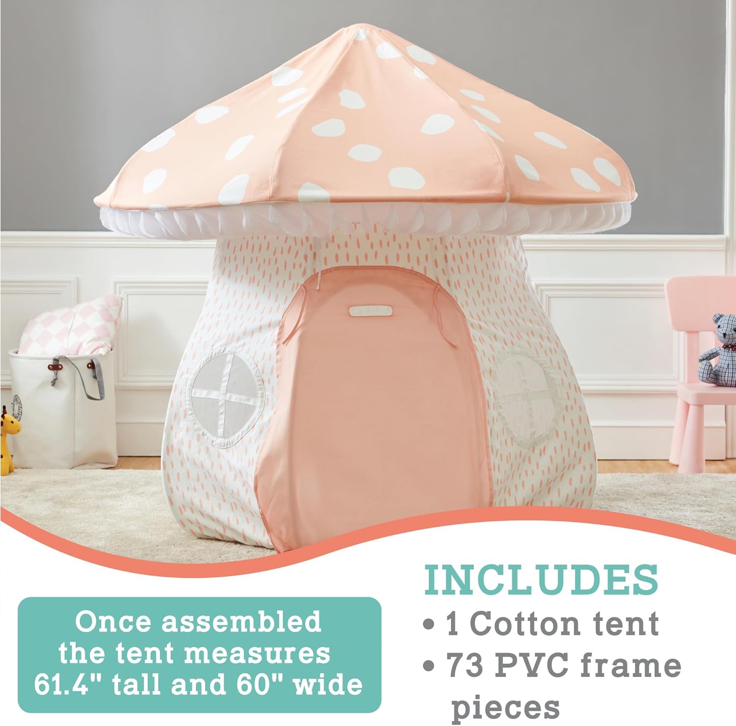 MindWare Mushroom Playhouse Tent, Kids Indoor Play Tent for Imaginative Play, Reading Nook or Quiet Space, Over 5 Feet Tall Fabric Playhouse for Toddlers and Kids Ages 3+, Kids Play Tent Gift