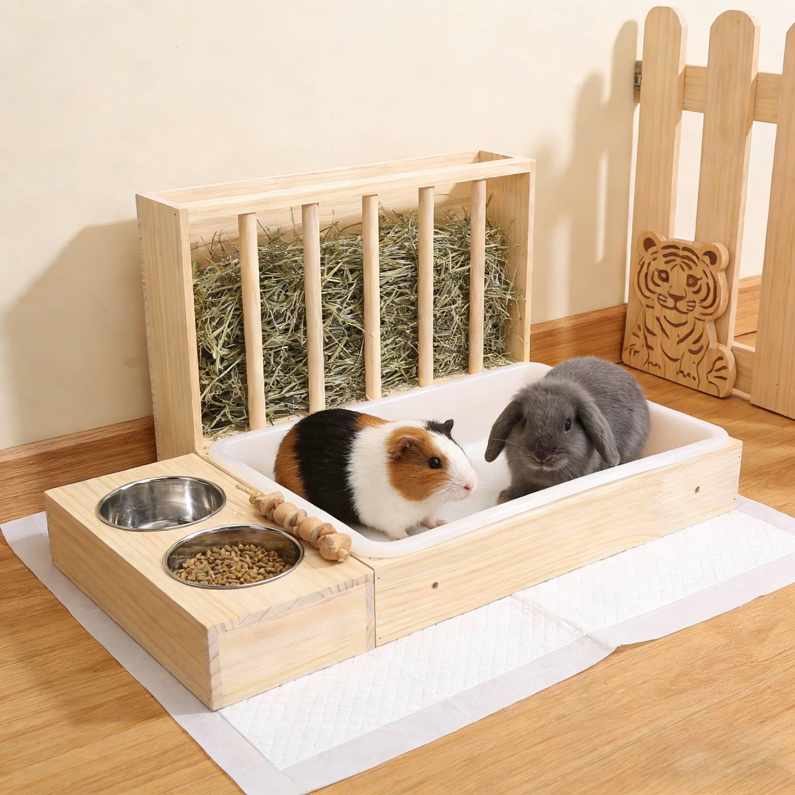 Jaula de visión de Pollo Rutin, alimentador de heno de Conejo, tazones de Acero Inoxidable Conejito de Madera para alimentación de Chinchillas hámster Animales pequeños