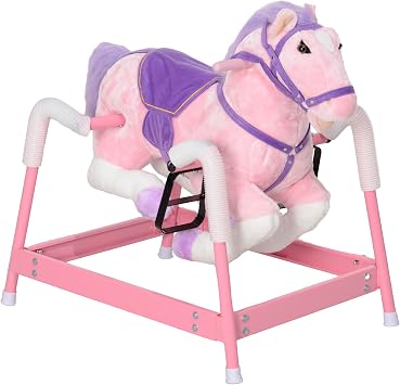 Qaba Spring Rocking Horse، Kids Ride on Horse، Plush Horse Ride-on with Sounds & Foot Stirrups، Saddle for Kids 3-8 Years، Pink