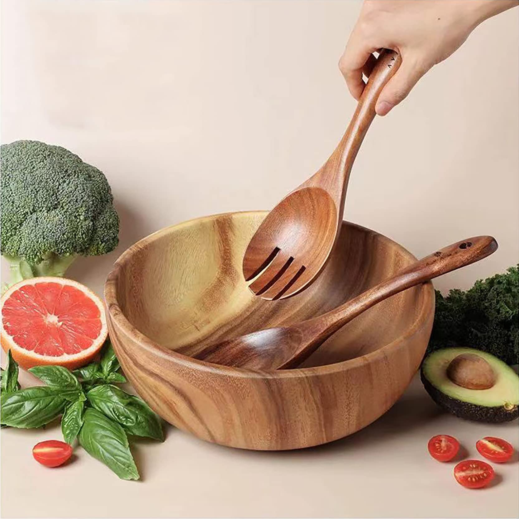 Ensaladera de madera de gran tamaño (24 cm x 7,5 cm), con juego de cuchara y tenedor de madera (26 cm x 6,8 cm), cuenco de madera de acacia, cuencos grandes de madera para servir