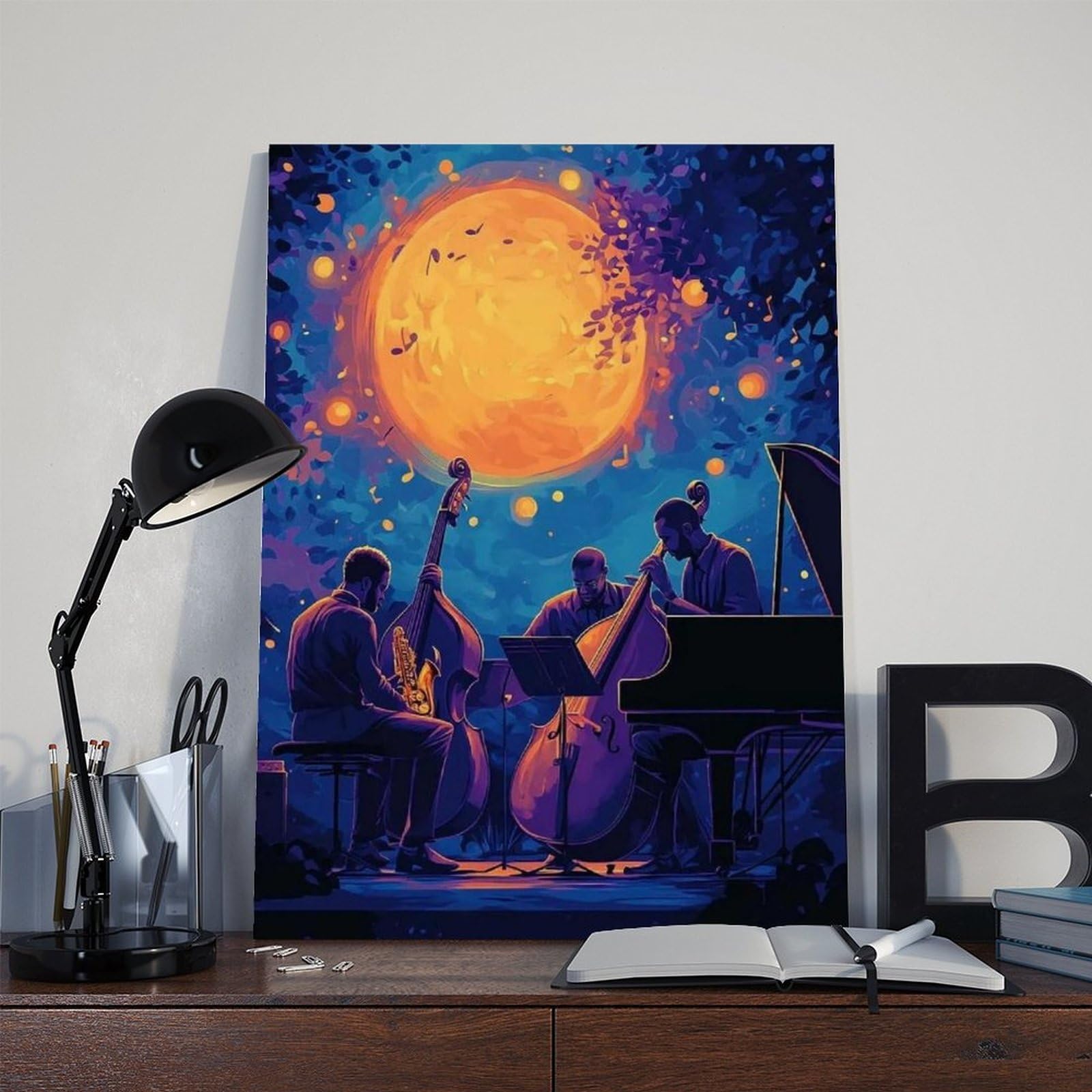 Illustrazione del quartetto jazz, poster artistico con musica notturna su tela, decorazione per camera da letto, ufficio, stanza, regalo, 40,6 cm L x 61 cm W