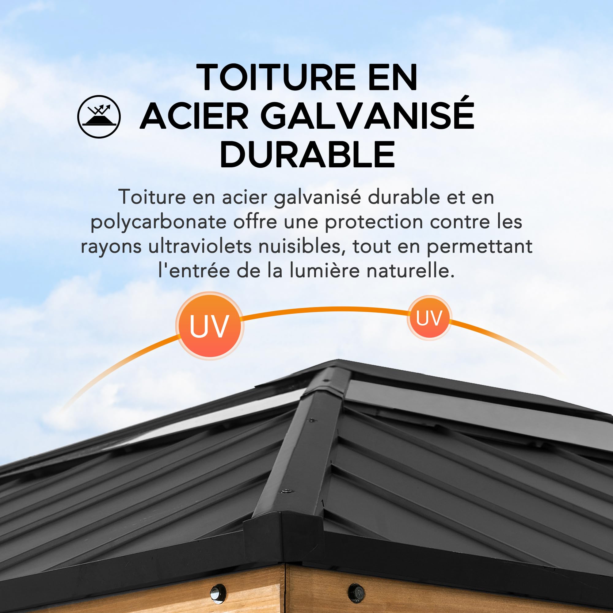 SUNJOY Tonnelle Hardtop Bois 3,3×3,9 m, Cadre en Cèdre Naturel, Toit en Acier avec Puits de Lumière en Polycarbonate, Pavillon Extérieur Résistant au Vent et à la Neige pour Jardin, Patio et Terrasse