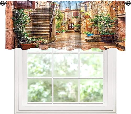 Miniatura 10 de SongYi Cortinas de cocina italianas, cortina de ventana de cenefa, vista de la antigua calle mediterránea de piedra de casas de piedra en Italia