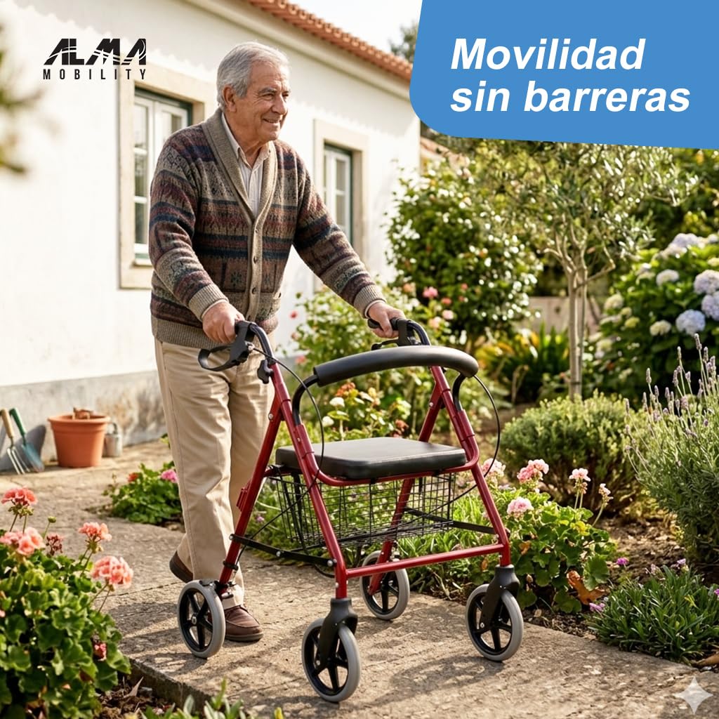 ALMA Andador para Ancianos con Asiento y 4 Ruedas, Rollator Plegable de Aluminio Ligero, Ajustable en Altura, con Respaldo, Cesta y Frenos de Maneta con Bloqueo, para Adultos y Personas Mayores