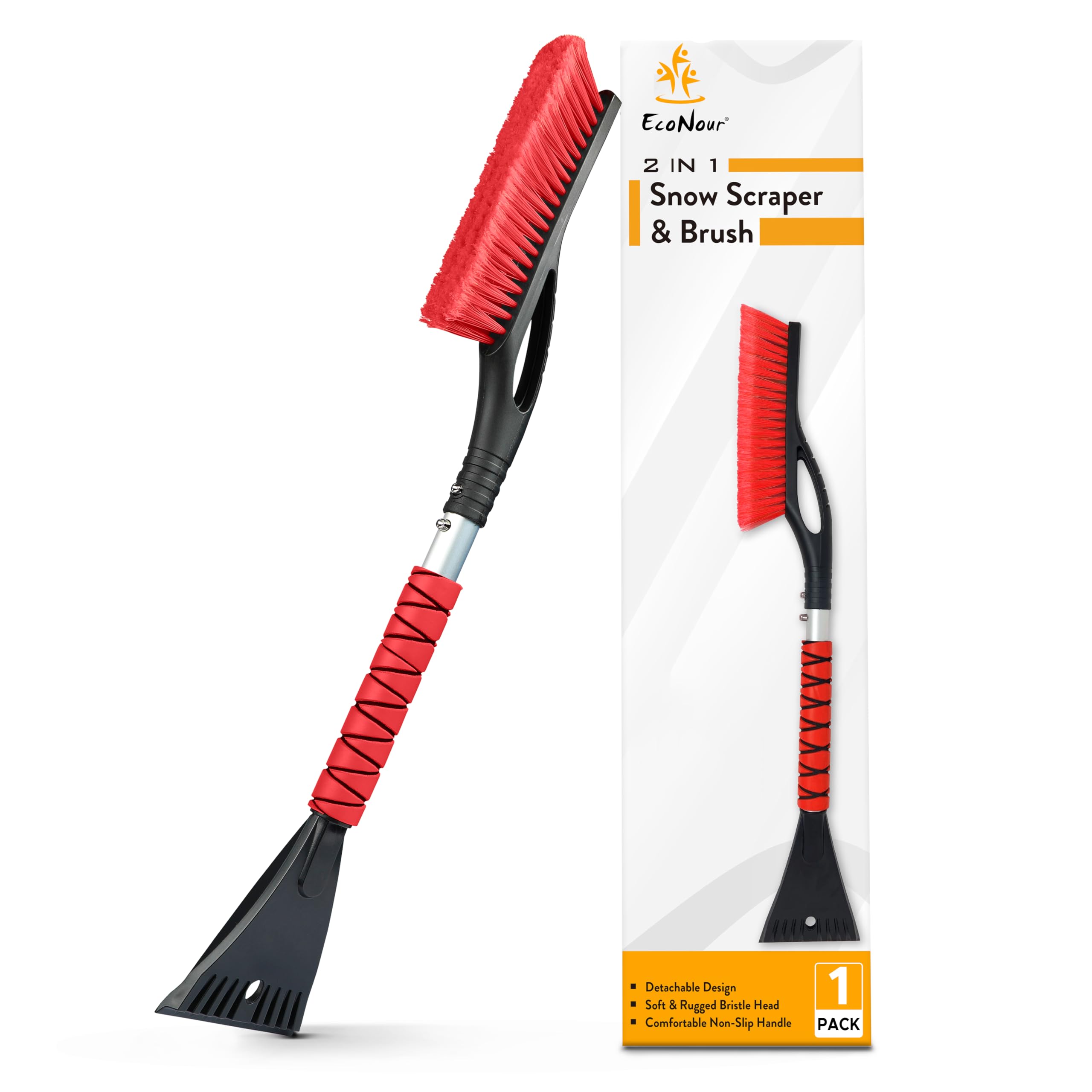EcoNour 27" Snow Brush &amp; Ice Scraper for Car Windshield with Foam Grip(Red)