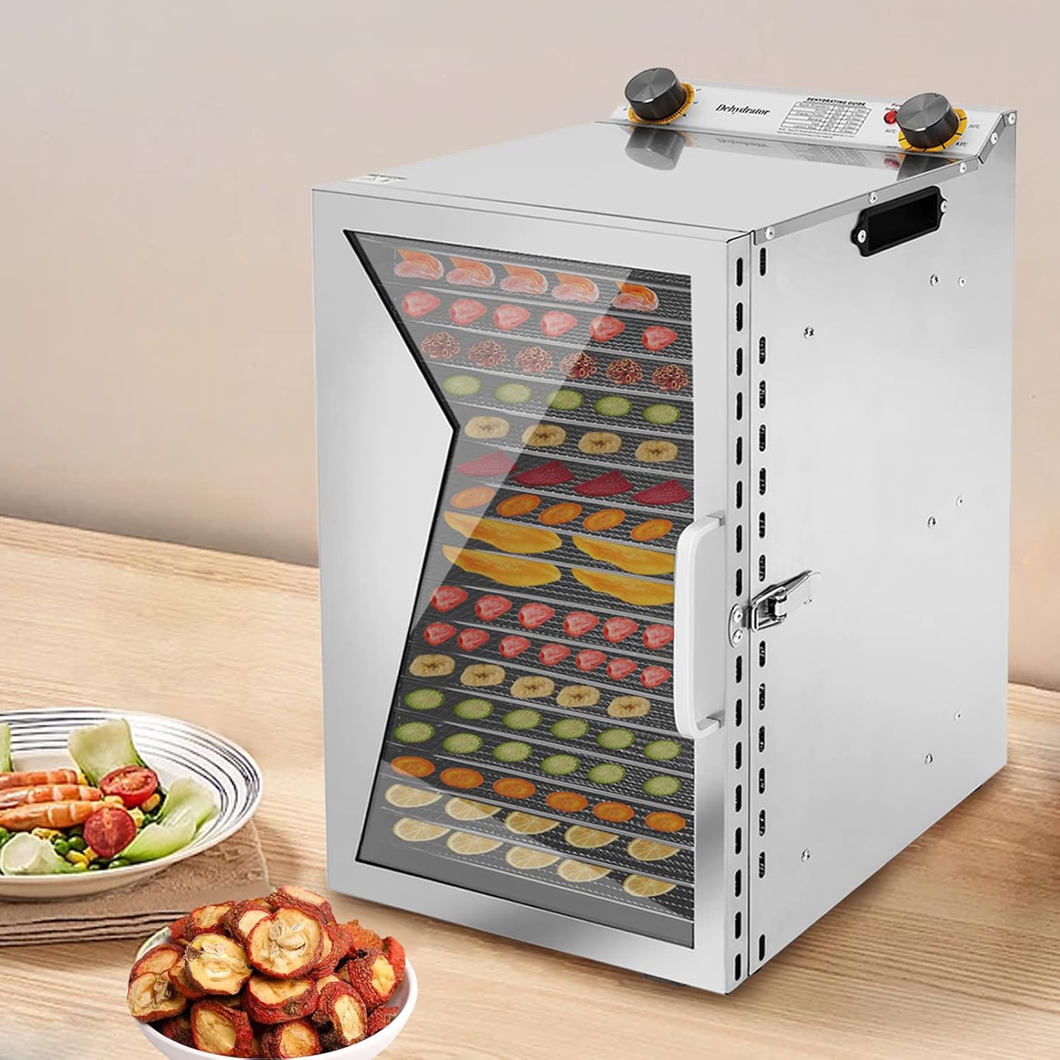 18Trays Food Dehydrator Machine 86℉ To 194℉ Beef Vegetable Baking For Fruit Meat Jerky Herbs Large Capacity 360° Adjustable Temp Timer Dryer Stainless Steel 600W Suitable Multiple Parties