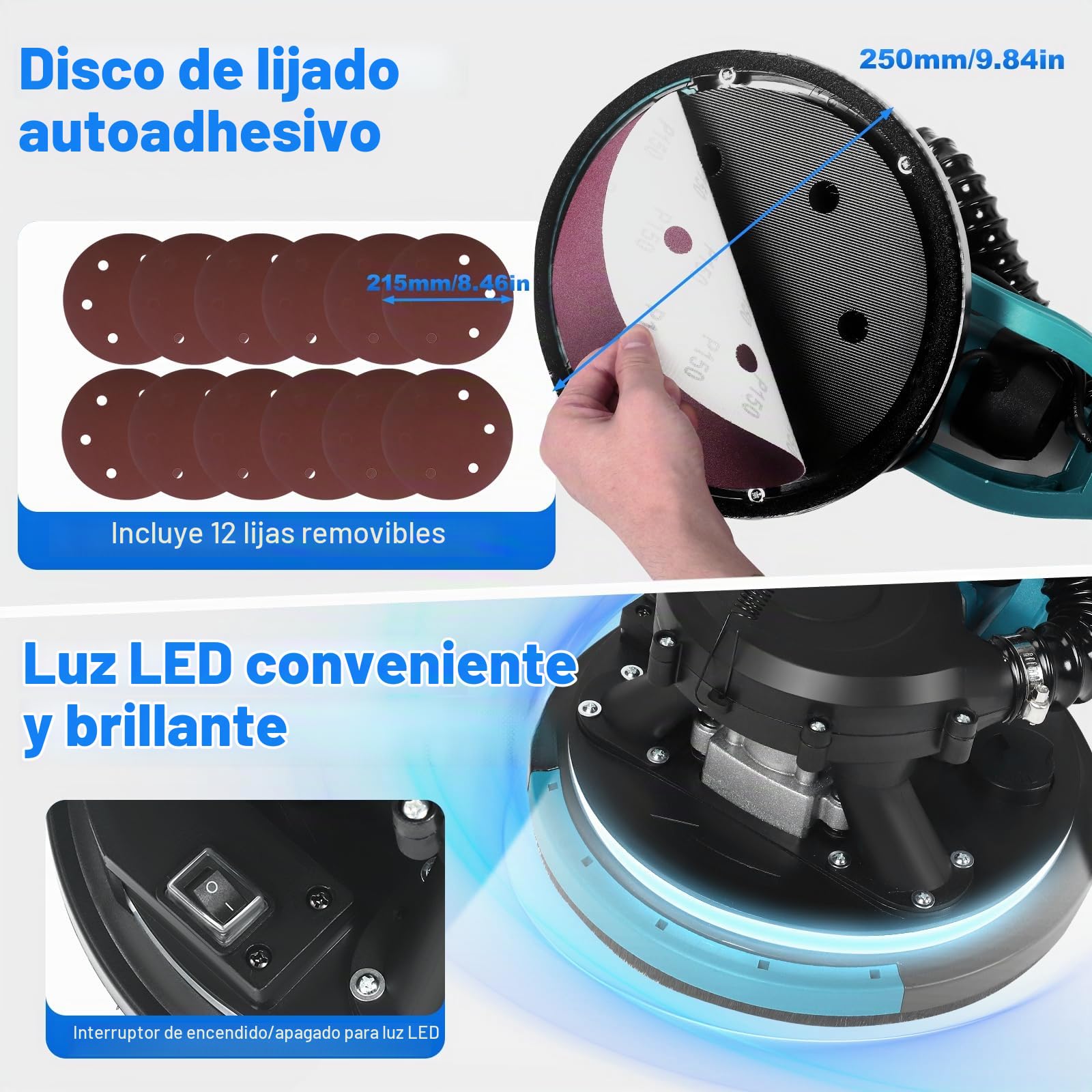 Lijadora para pared 850 W con jirafa telescópica, 5 velocidades ajustables (800-2100 rpm), cabezal de rectificado Ø 215 mm inclinable a 90° y luz LED