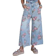 Sky Blue Garden Floral Print Bootcut Jeans Womens Wide Leg Pants