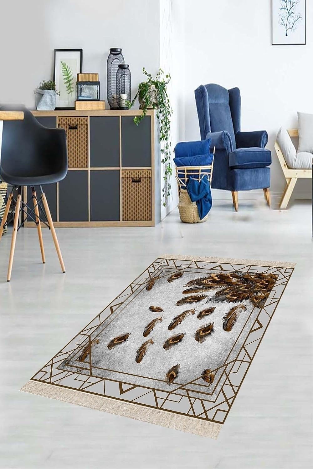 Pelangi Kuş Tüyü Desenli Çerçeveli Dijital Baskı Yıkanabilir Kaymaz Taban Salon Halısı Ve Yolluk (hardal), Kahverengi 100 x 200, 88710020005