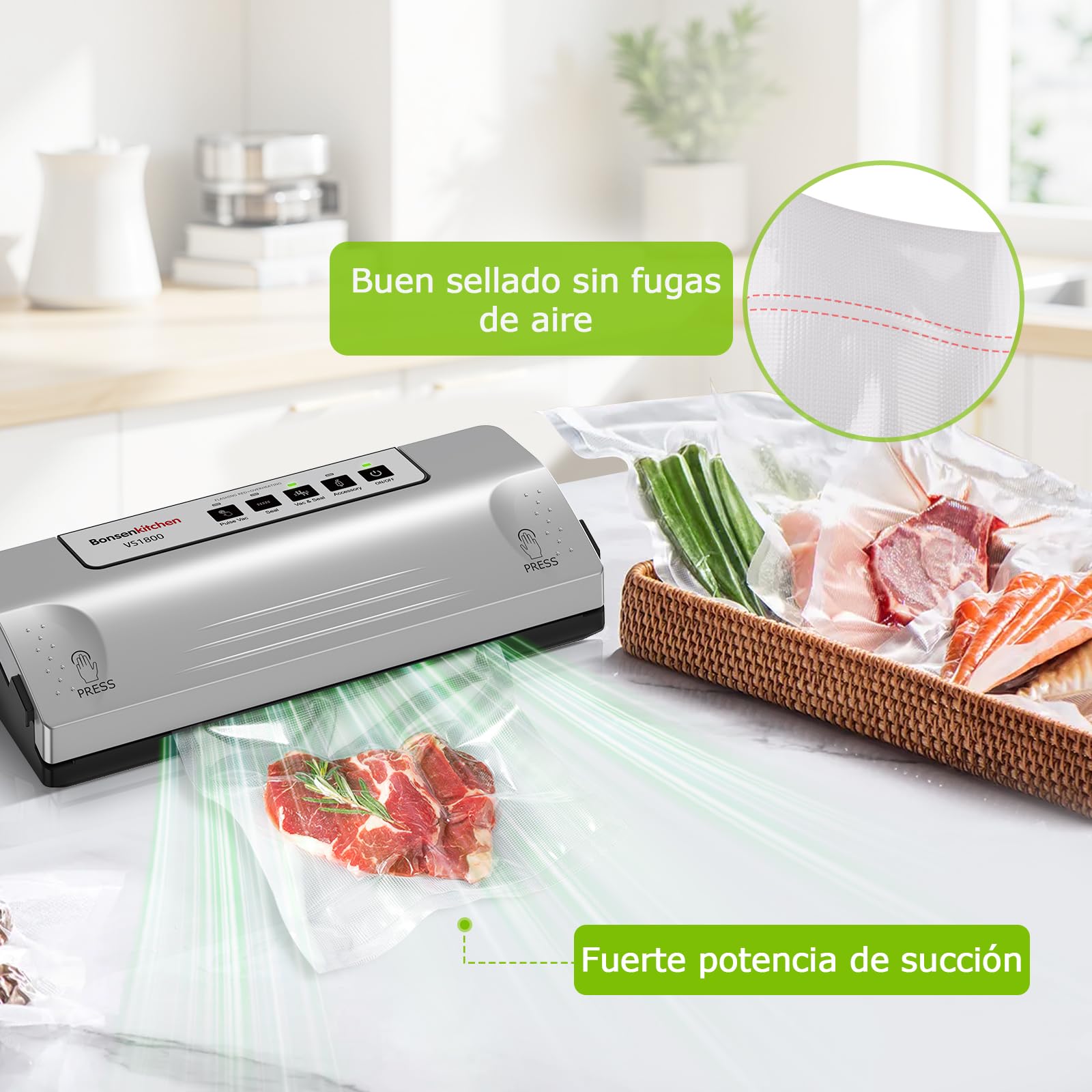 Bonsenkitchen Envasadora al Vacío, Sellado Robusto 30 cm, Función Pulse para Alimentos Húmedos, Kit de Vacío Externo, Uso Continuo con Protección Térmica, con 5 Bolsas, VS1800