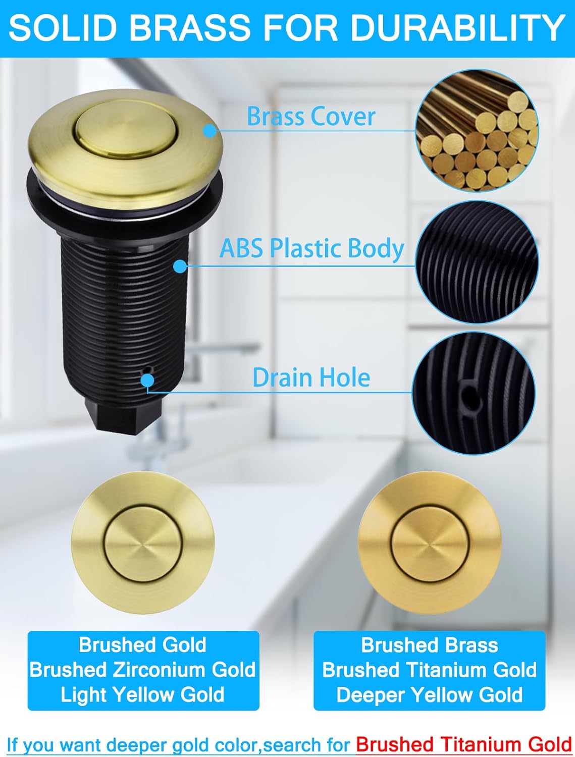 BESTILL Garbage Disposal Air Switch Kit, Sink Top Long Push Button for Watse Disposer, Brushed Gold, UL Listed