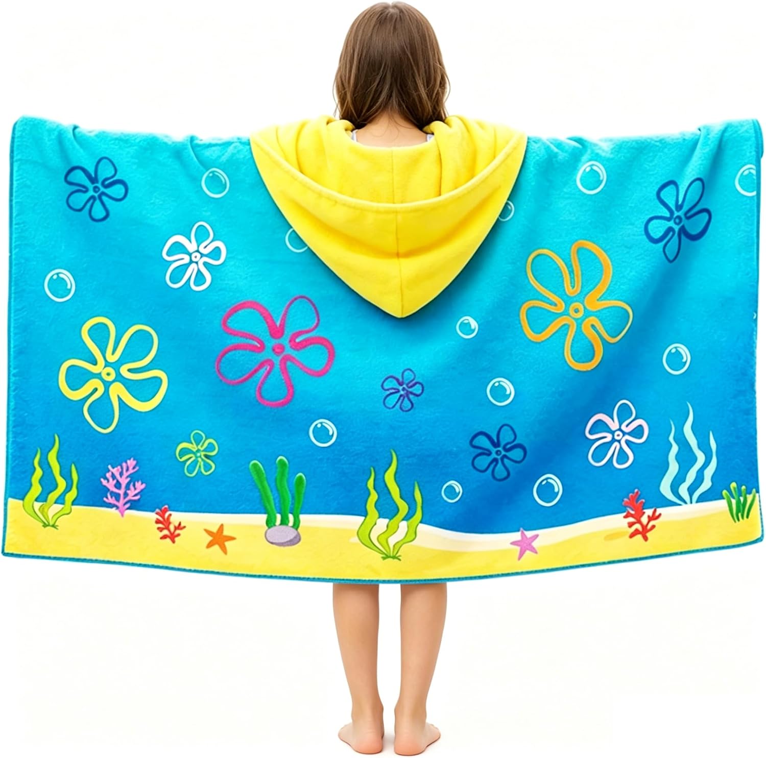 24x50 Inch Cartoon Sponge Hooded Towel | Under The Sea Bubble Design, Soft Absorbent Pool Beach Poncho Wrap, Swimming Bathroom Shower Supplies