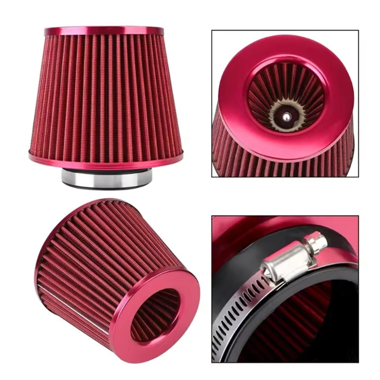 Filtro De Aire Alto Flujo Modificado Para Coche Universal Con Cabeza Seta 76mm Toma Aire Coche(Red)