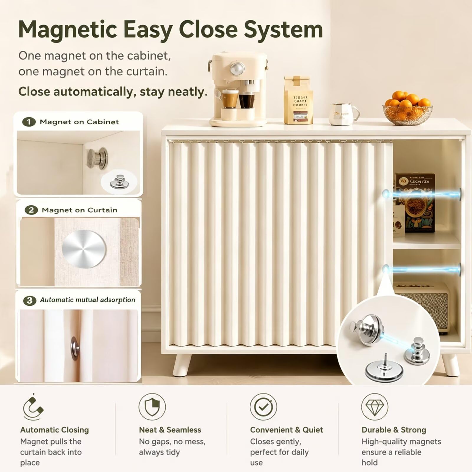 Rideau de placard pour buanderie avec fermeture magnétique W140xH70cm Beige