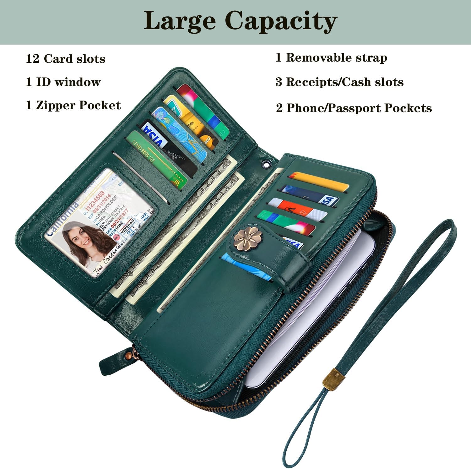 Wallets for Women Multi Card Holder Wallet Clutch Wallet Card Holder Organizer Ladies Purse with Wrist strap Purse - Image 3