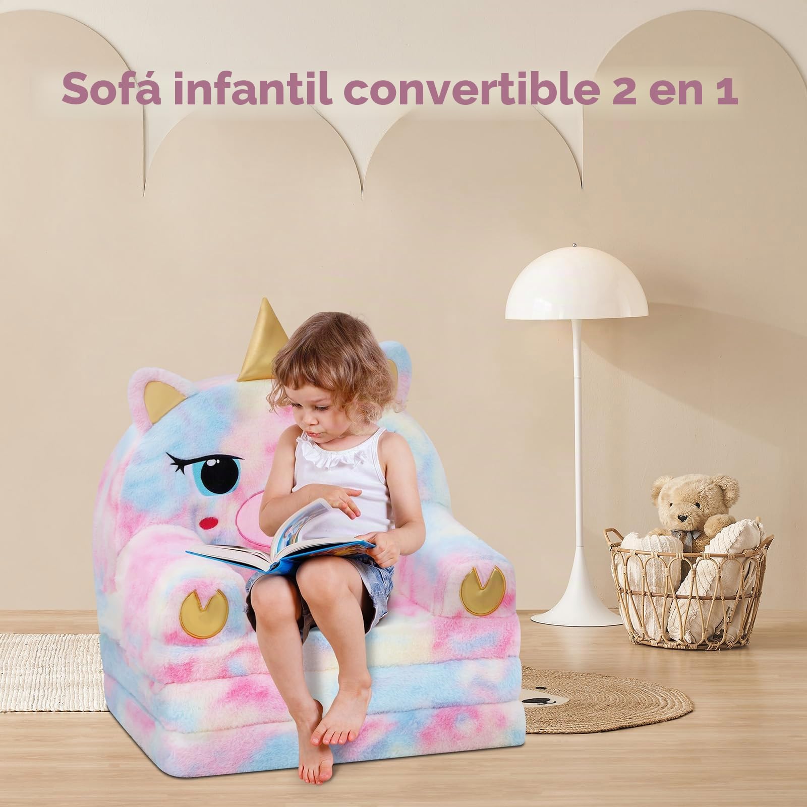 decalsweet Sofá Plegable de Felpa para Niños con Respaldo Sillón 2 en 1, Cómoda Ligero Estable Sillón Infantil con Cremallera, Sofá Cama para Bebé para Dormitorio Sala de Juegos, Mini Sofa (Unicornio)