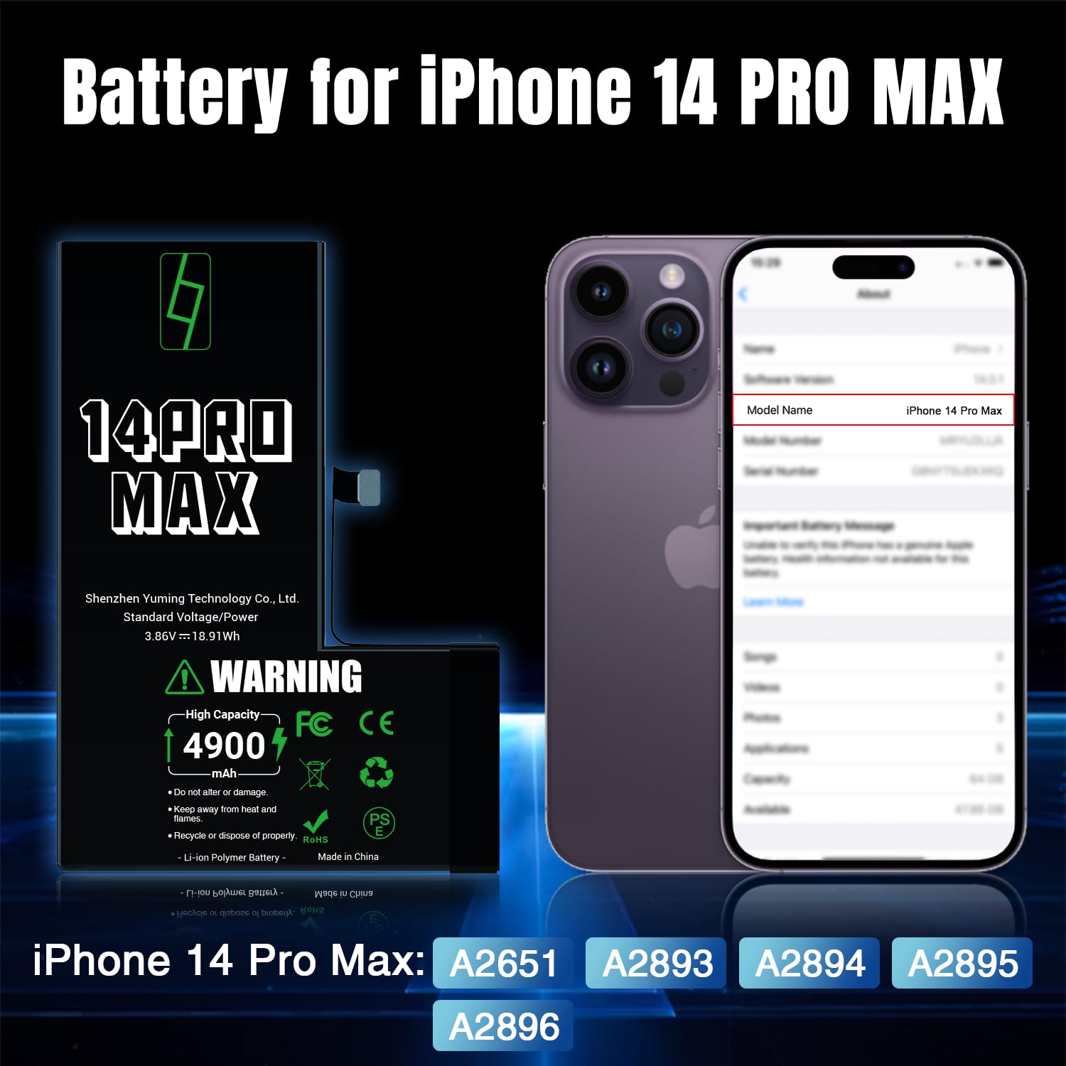 Batteria per iPhone 14 Pro Max, 4900mAh Alta Capacità, Compatibile con A2651 A2893 A2894 A2895 A2896, 0 Cicli, Kit di Riparazione Completo, Certificato CE/RoHS/FCC