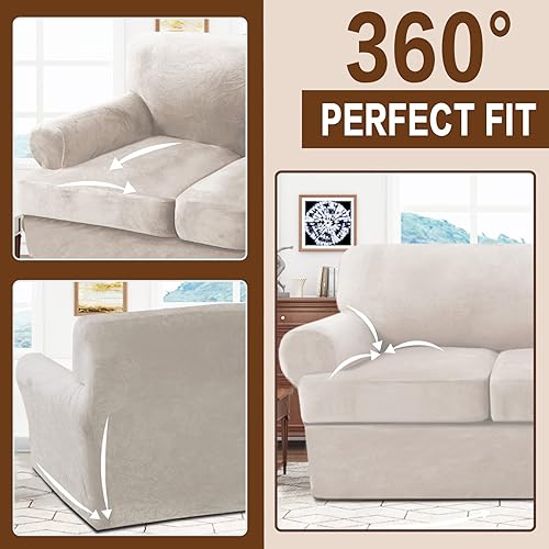 Miniatura 6 de Juego de 4 fundas de terciopelo para sofá con cojín en forma de T, funda elástica para sofás de 3 plazas, incluye 3 fundas de cojín en T, protector