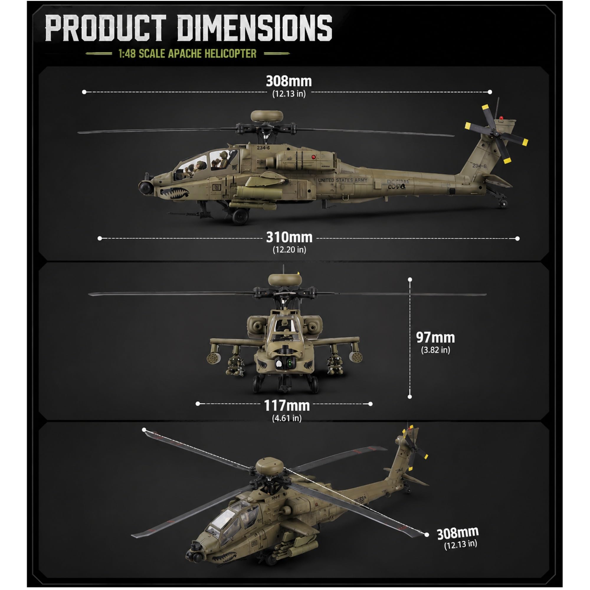 Elicottero RC C170 AH-64D scala 1/48 elicottero radiocomandato flybarless a 6 canali 2.4G con posizionamento a flusso ottico TOF mantenimento dell'altitudine 2 batterie - RTF(Gray)