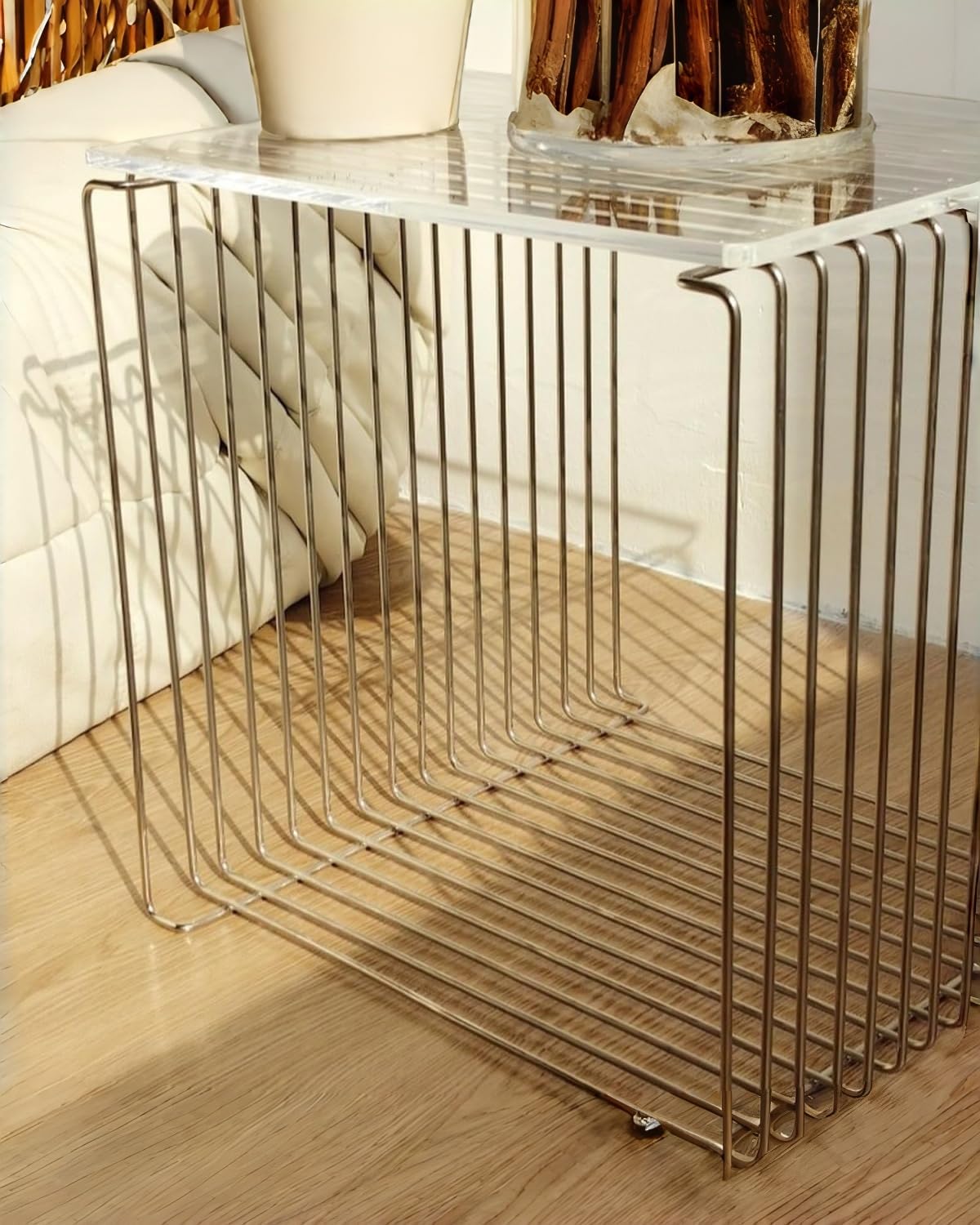 Square Metal Side Table, Small Silver End Table and Nightstand with Magazine Storage, Powder-Coated Iron with Stainless Steel-Inspired Look, Freestanding or Wall Mounted