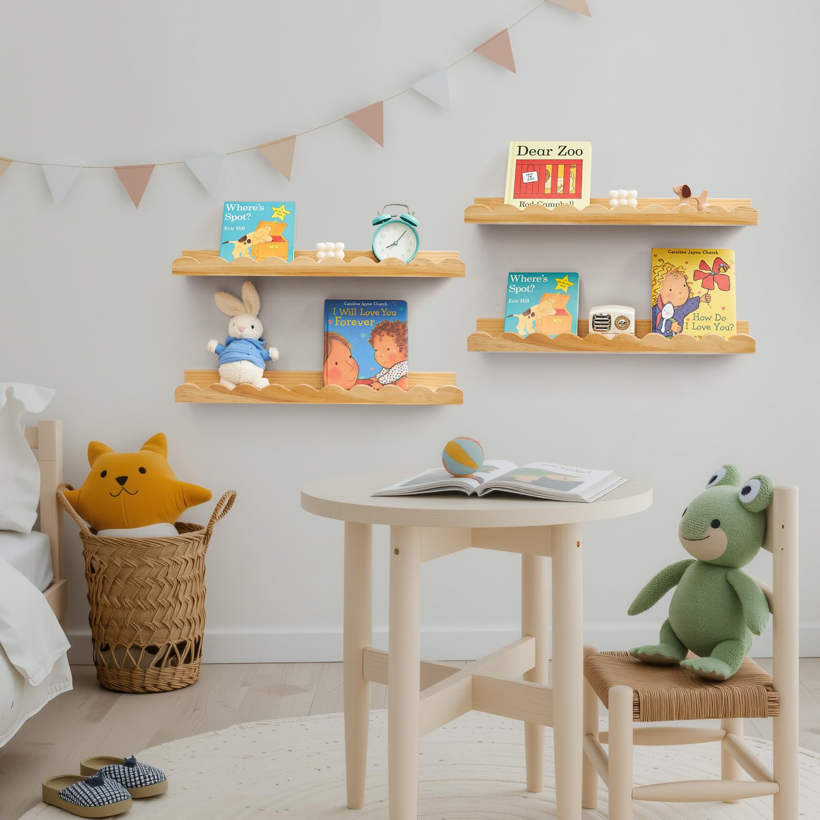 Gieanoo Nursery Bookshelves,Floating Shelves for Wall set of 2 Natural solid Pine Wood Wall Mounted Bookshelf for Bedroom Kids Toddler Room - Image 2