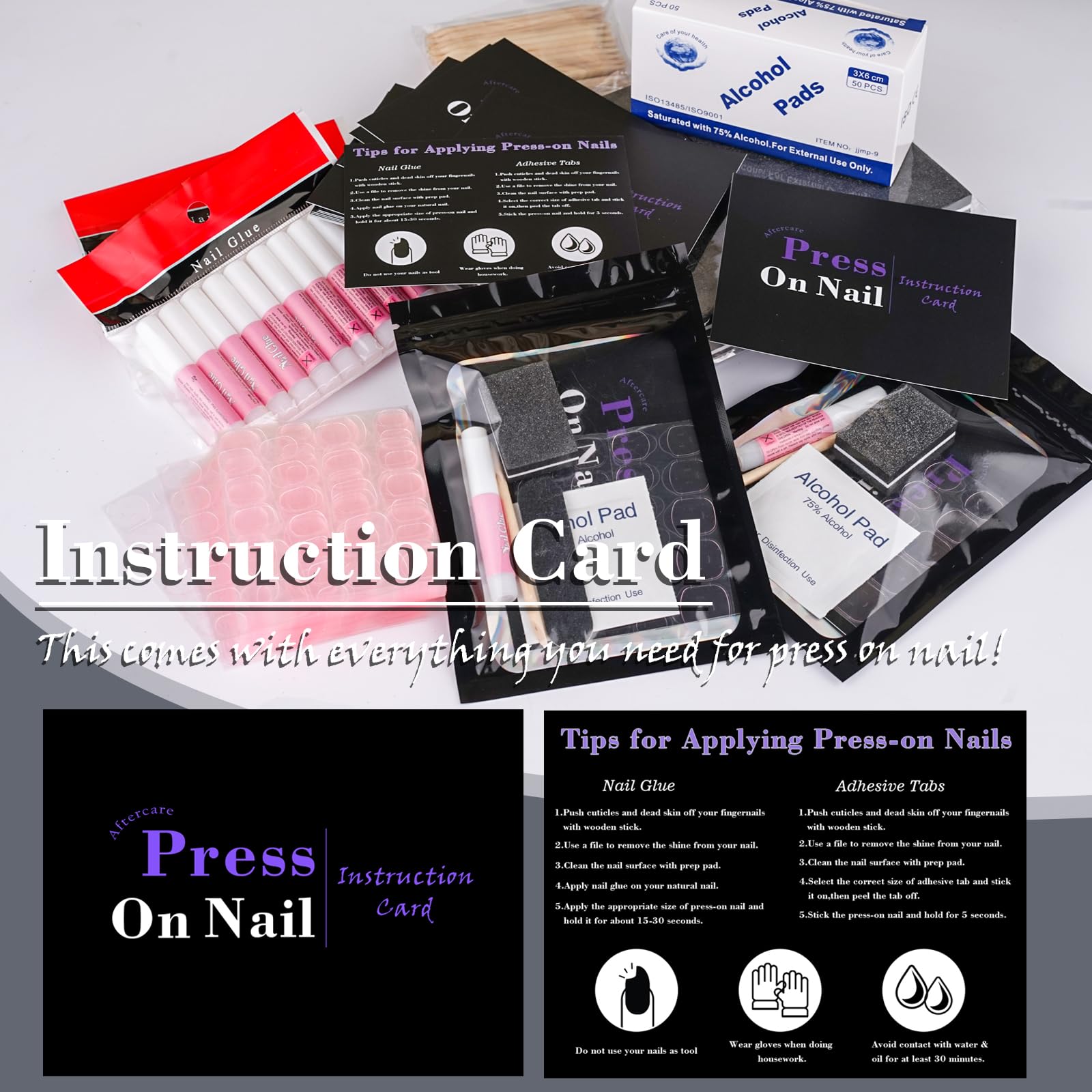Juego de 50 kits de suministros de uñas desechables, kit de herramientas profesionales de manicura a presión con lima de uñas, pulidor de uñas, pestañas adhesivas, pegamento de uñas, palos,