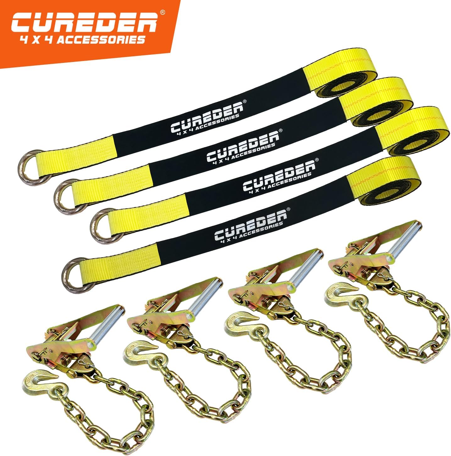 Cureder Car Tie Down Straps for Trailers with Heavy Duty Chain Anchors (4 PK) - 2 Inch x 10 Feet - 3,300 lbs Safe Working Load, Wheel Straps for Hauling Cars,Tire Straps for a Car Trailer