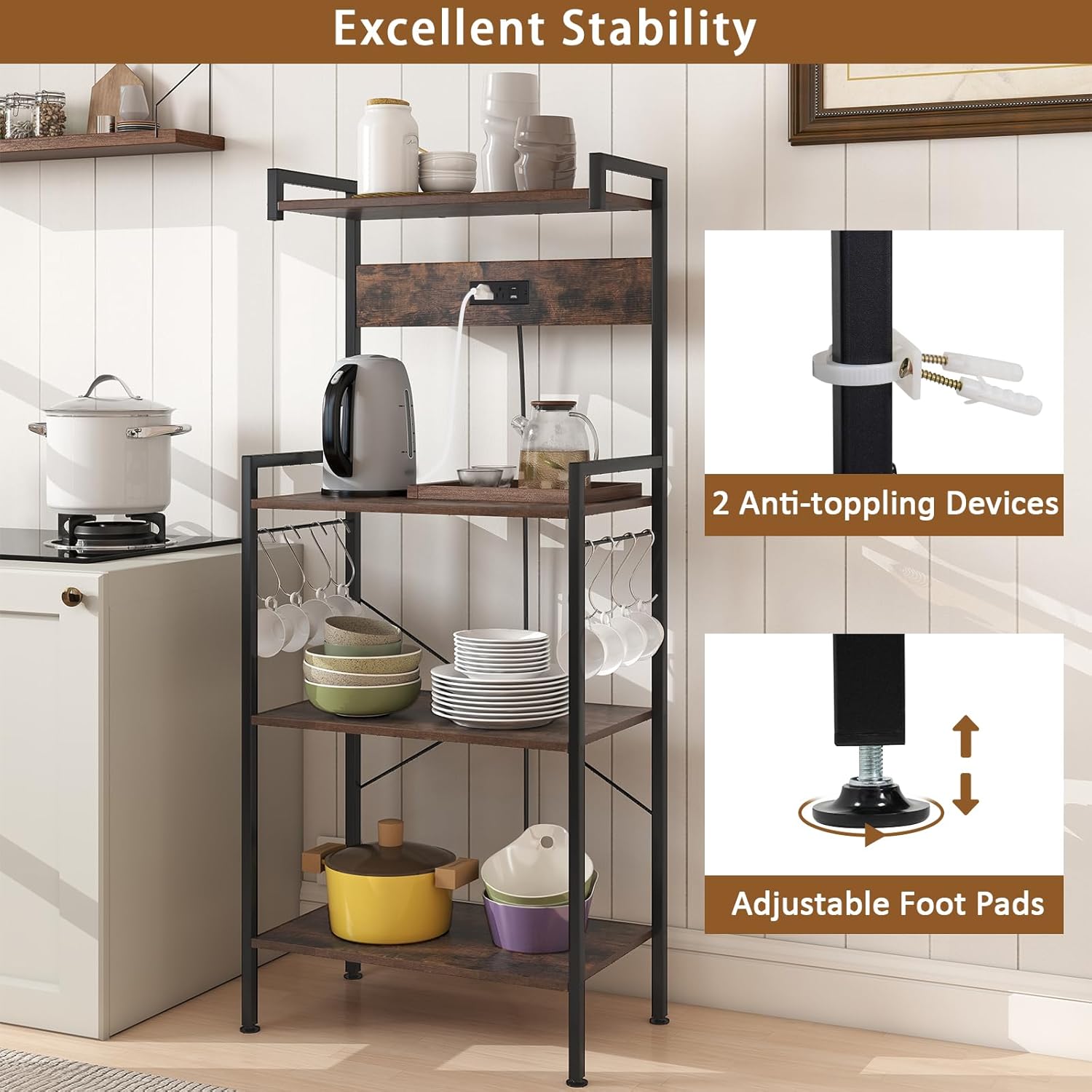 COSTWAY 4-Tier Kitchen Baker's Rack on Wheels, Industrial Utility Storage Shelf with Metal Frame, 3 Hooks, 4 Universal Wheels, Freestanding Microwave Stand for Kitchen, Living Room
