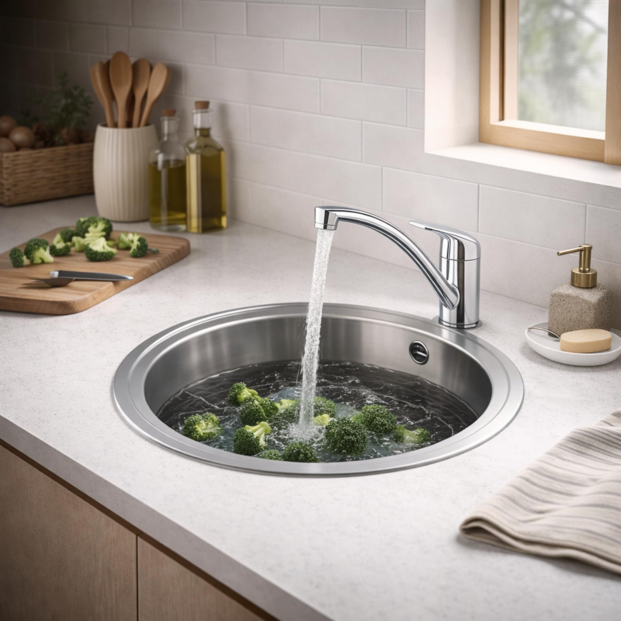 Fregadero Redondo Apelson ARC 38 Ø48,5 cm, Profundidad de 16 cm, Para Mueble de 45 cm, Incluye Sifón y Accesorios de Instalación, Acero Inoxidable