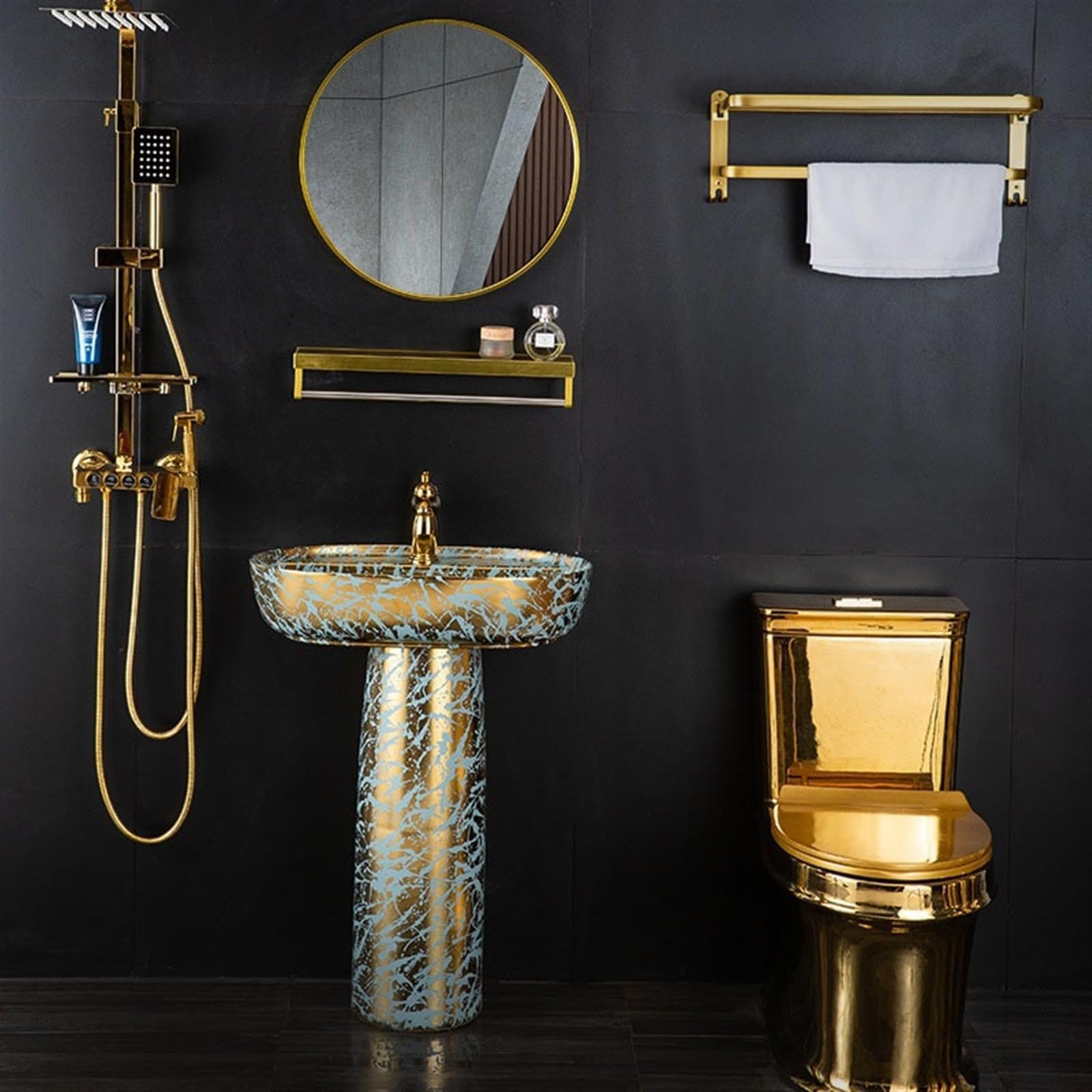 Light Luxury - Lavabo de columna dorada de 2 piezas, combo de lavabo de pie con grifo y drenaje y espejo, lavabo artístico de cerámica, tamaño A, B-One Size