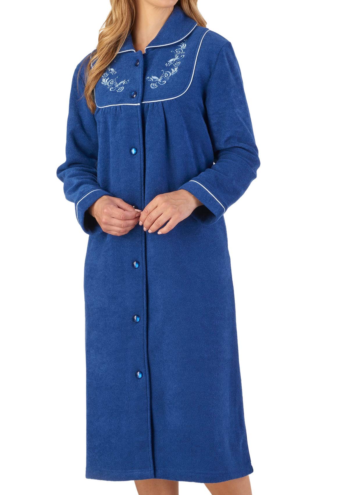 Slenderella Womens Button Up Dressing Gown Soft Boucle Fleece Embroidered Housecoat XXL (Navy)