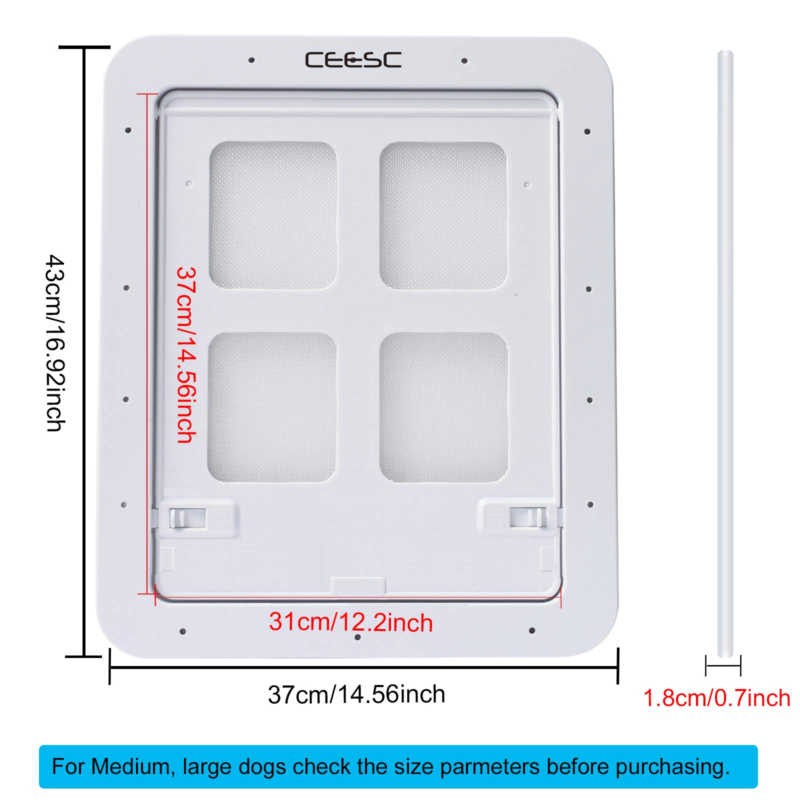 CEESC Puerta mosquitera para perros y mascotas, con cerradura (14.5 x 16.9 pulgadas, grande, blanco)