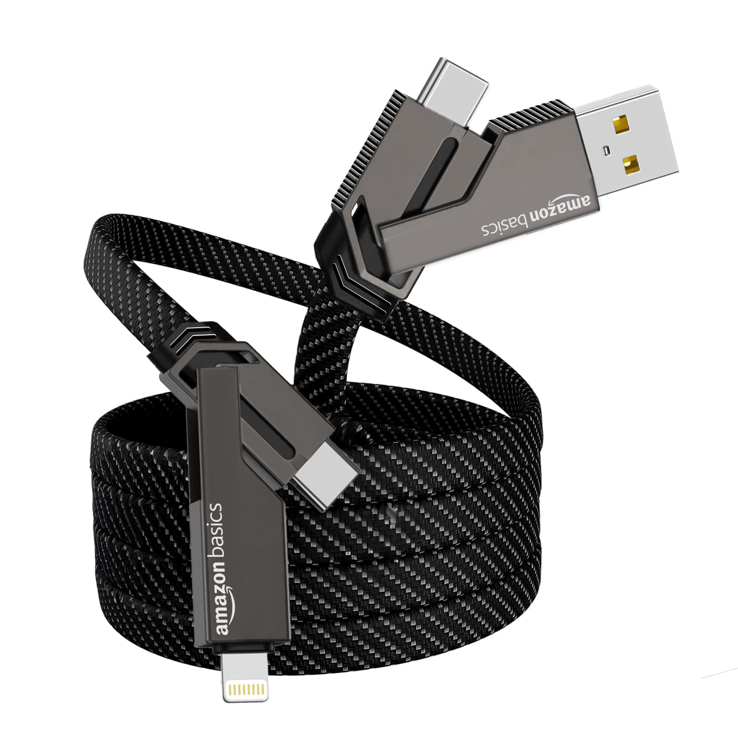 amazon basics 4 in 1 Metal Flat Braided Indestructible Cable 110cm 60W with lightning to type C, type C to C, Lighting to type A compatible for iPhones, iPads, Macbooks, Type C Laptops (Grey)-image-11