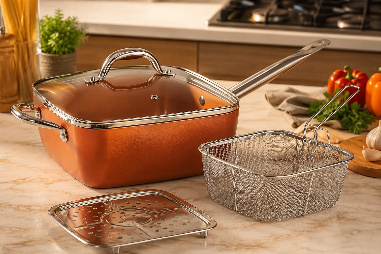 Sartén Cuadrada Antiadherente 24 cm Color Copper con Tapa de Vidrio | Revestimiento cerámico, aluminio 2,5 mm, apta para horno y lavavajillas