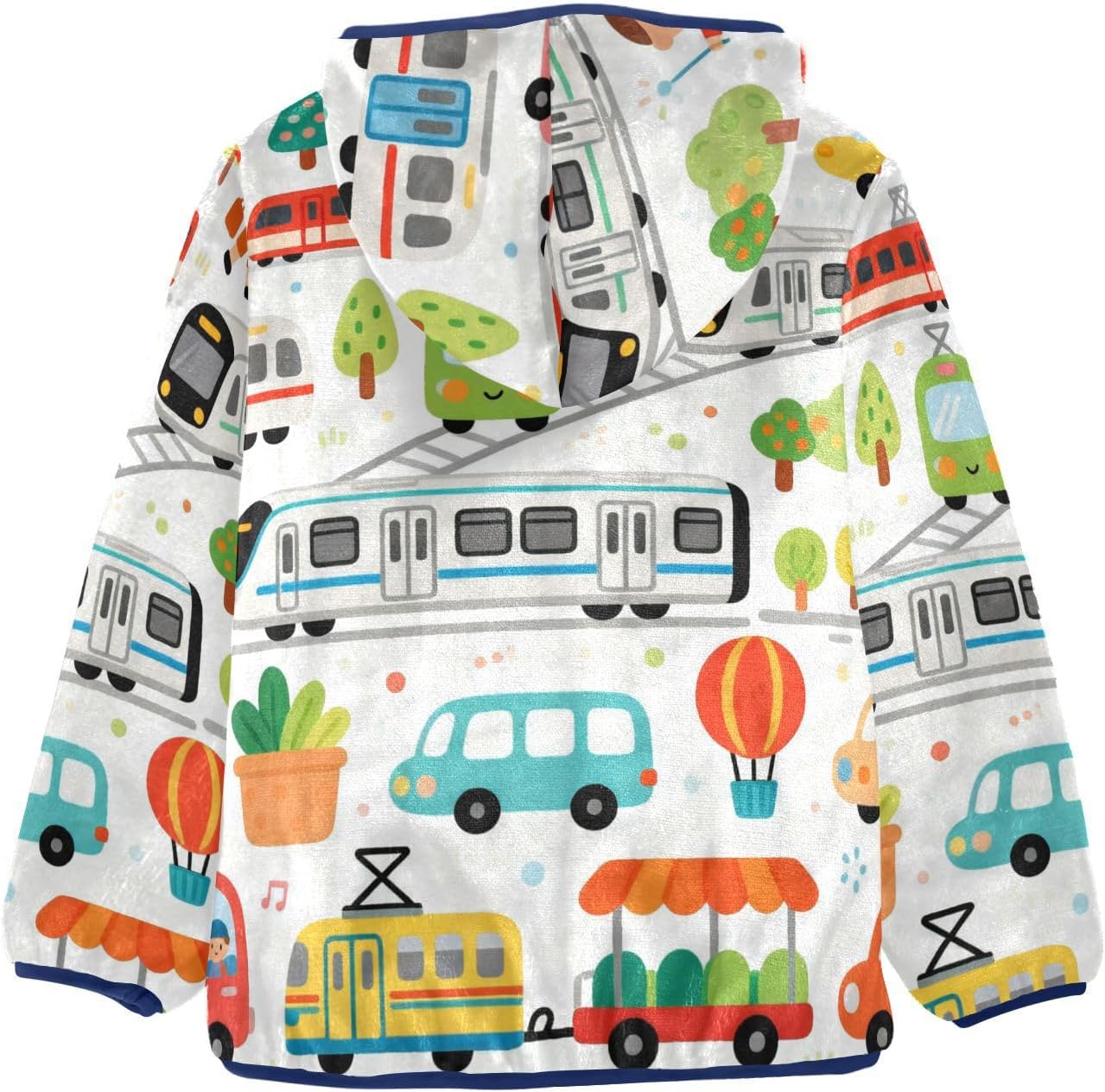 Cartoon Cute Vehicle Train Bus Fleece Zip Up Jacket Plush Lined Baby Coat Navy Blue Baby Boys Hoodie