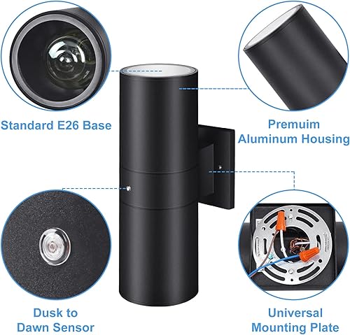 Miniatura 4 de Paquete de 4 luces para exteriores del atardecer al amanecer, luces de montaje en pared con cilindro de aluminio negro mate y cubierta de vidrio