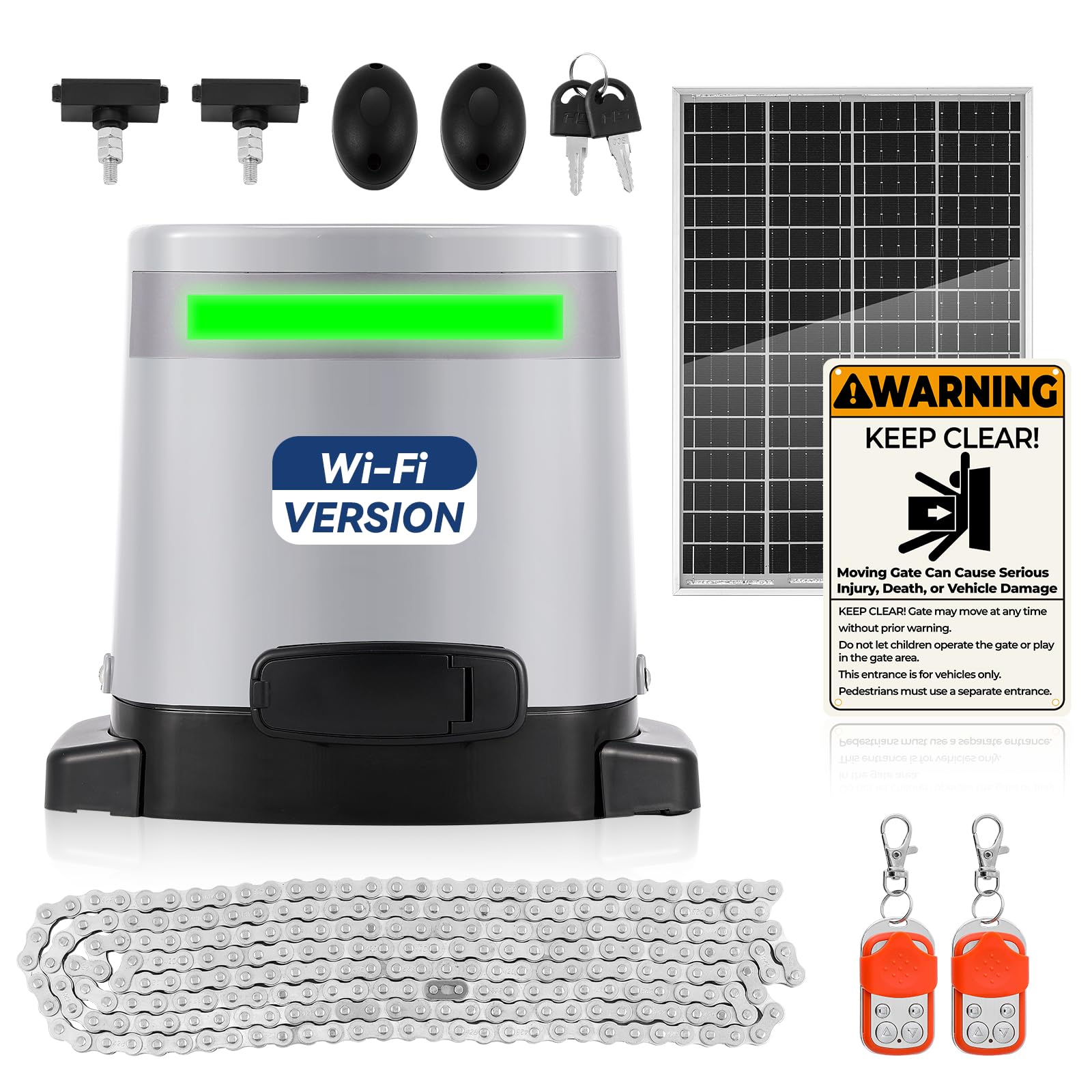 1300lbs Solar Sliding Gate Opener Chain Drive with Built-in Backup Battery, WiFi Remote Control, IR Sensor, Automatic Gate Motor for Heavy Driveway Slide Gates, Off-Grid Operation with Solar Panel