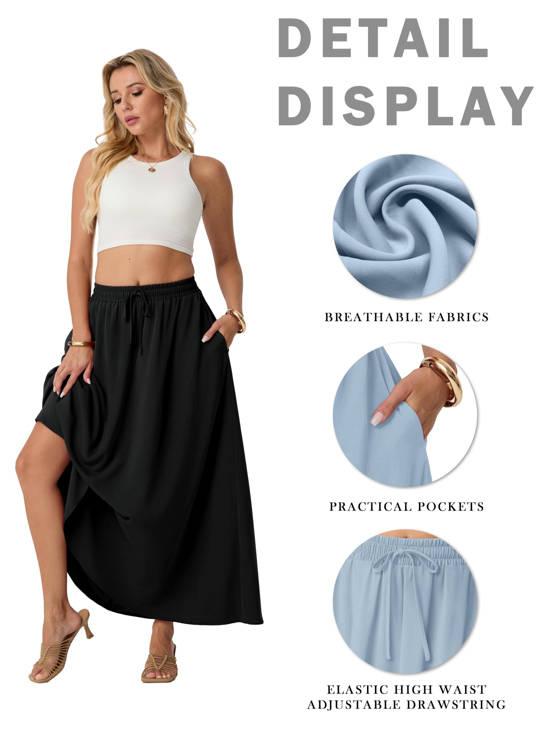QIXING Maxi gonna lunga e fluida da donna, a vita alta, bohémien, estiva, svasata, con vita elasticizzata e tasche